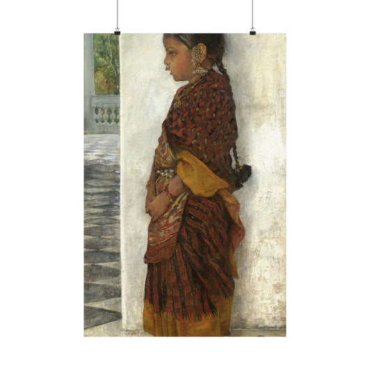 Hermann Linde - Girl standing in a veranda wearing a Pochampalli sari (ca.1895) High Quality Matte Wall Art Poster for Home, Office, Classroom