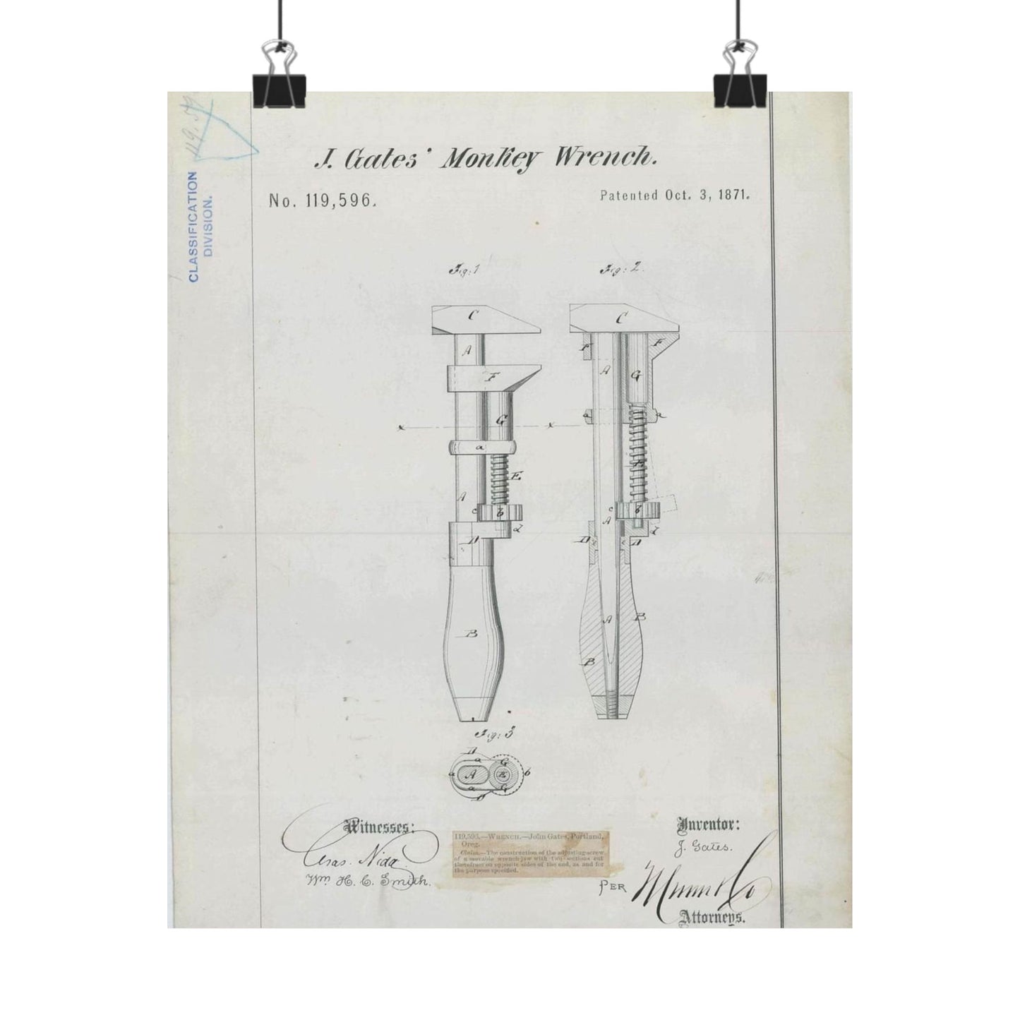 Patent Drawing of Engine - for J. Gates' Monkey Wrench Public domain  image High Quality Matte Wall Art Poster for Home, Office, Classroom