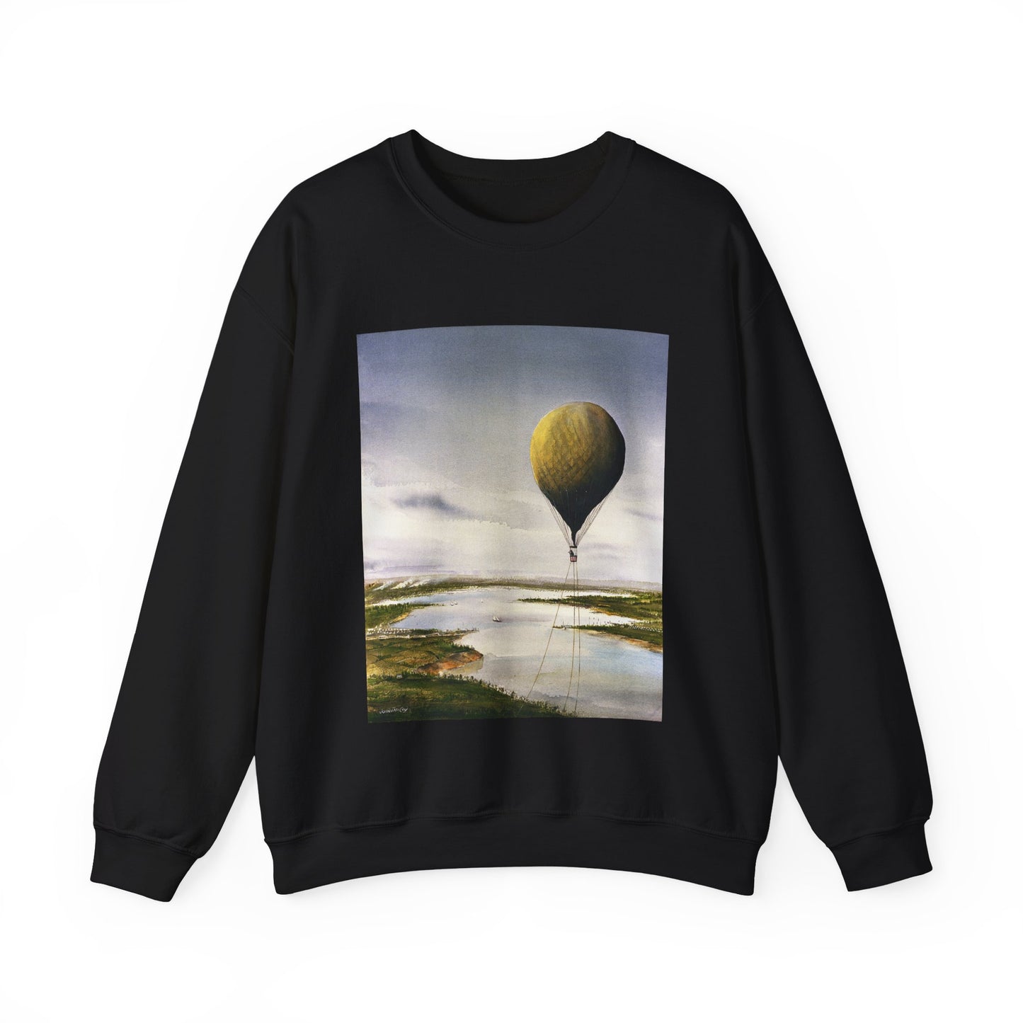 Artwork: "T.S.C. Lowe's Ballon Tethered at 1,000 Feet Above the York River in 1862". Artist: John McCoy Black Heavy Blend Adult Crew Neck SweatShirt