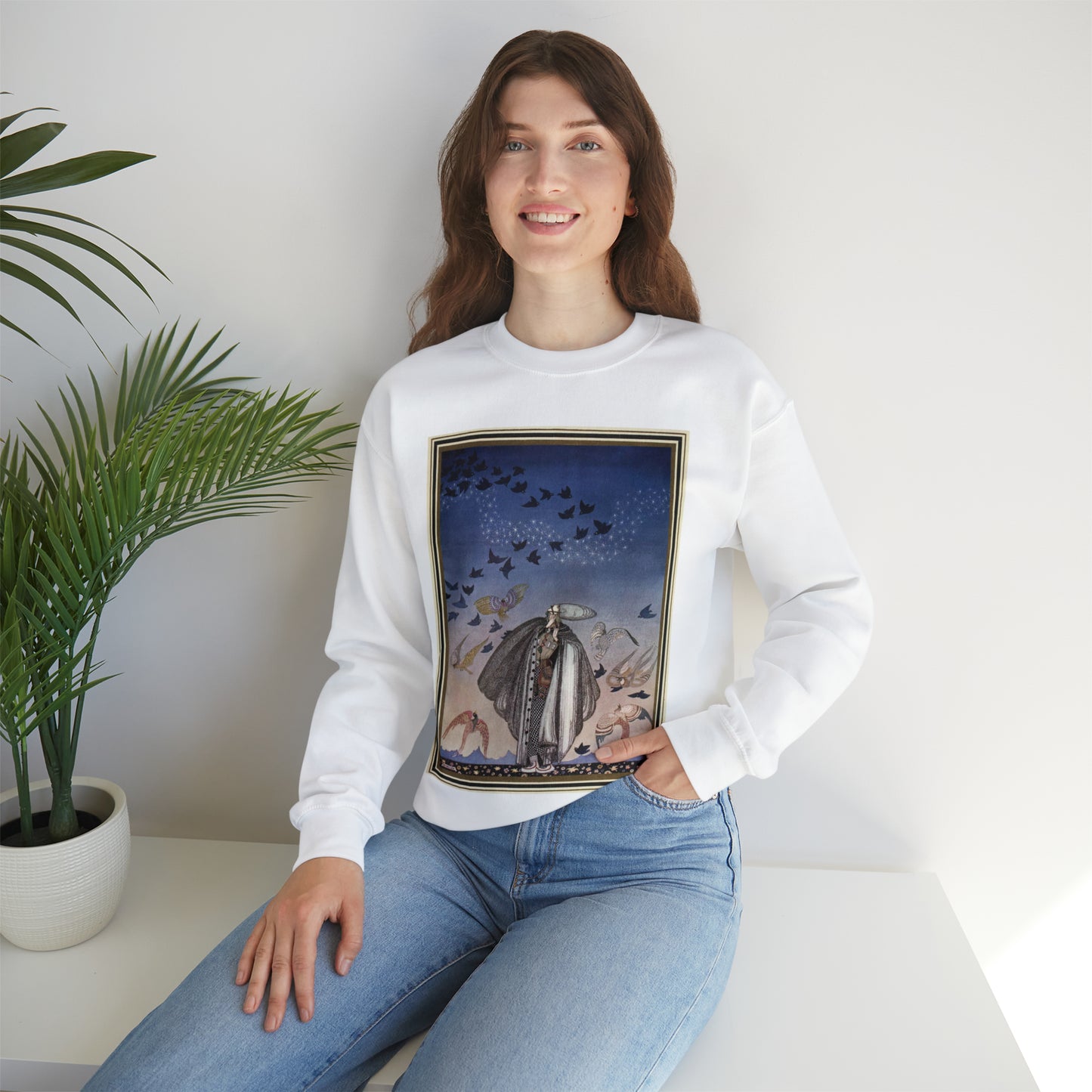 ‘No sooner had he whistled than he heard a whizzing and a whirring from all quarters, and such a large flock of birds swept down that they blackened all the field in which they settled’ (6278219321) White Heavy Blend Adult Crew Neck SweatShirt