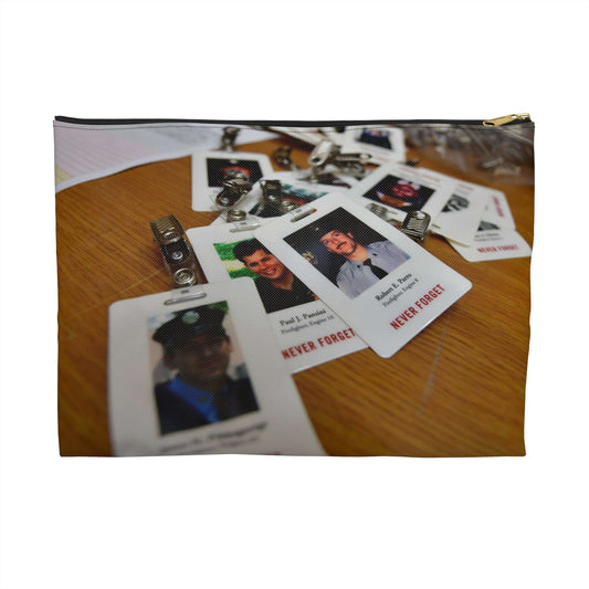 Badges with photos of 9/11 emergency responders, sit Large Organizer Pouch with Black Zipper