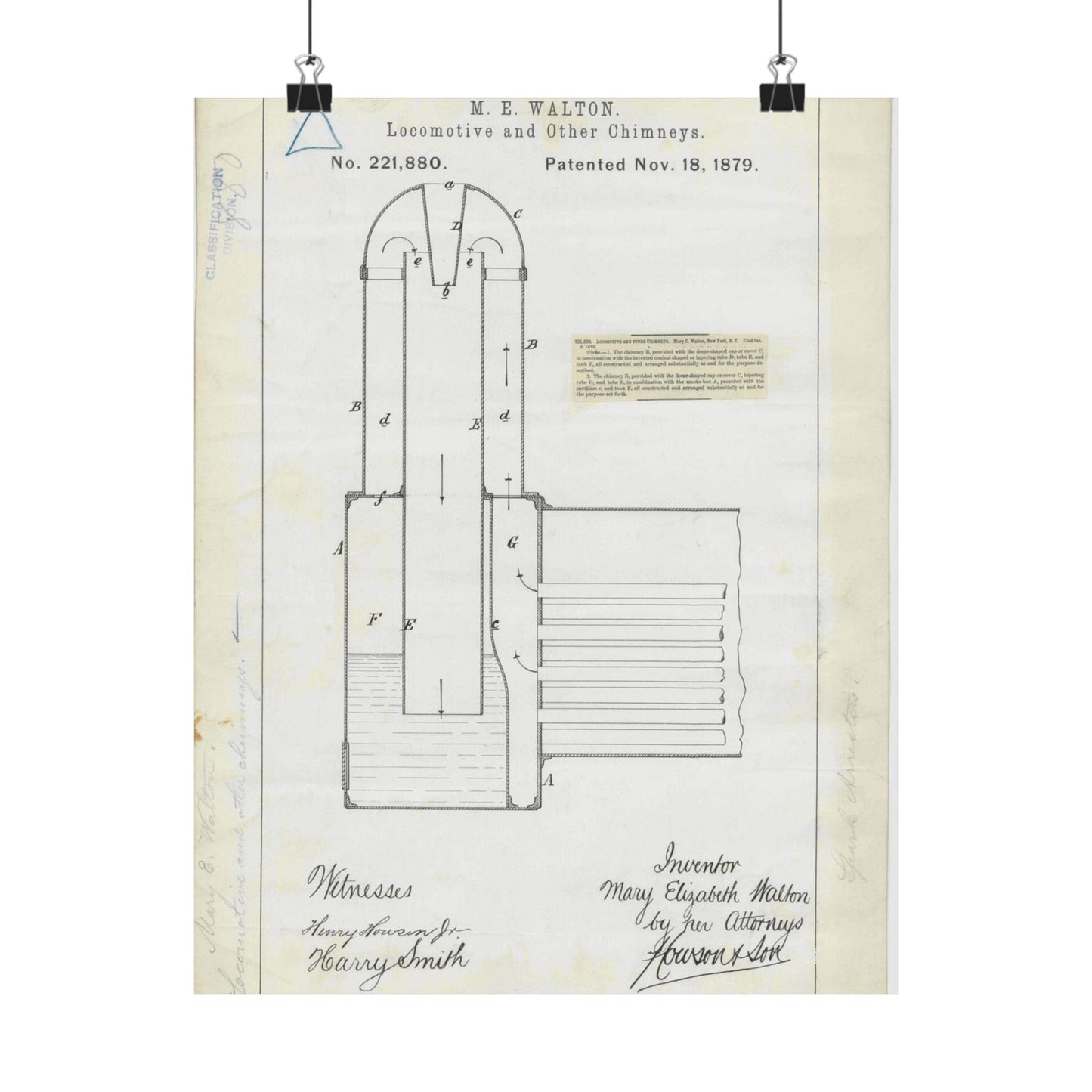 Patent Drawing of Engine - for M. E. Walton's Locomotive and Other Chimneys Public domain  image High Quality Matte Wall Art Poster for Home, Office, Classroom