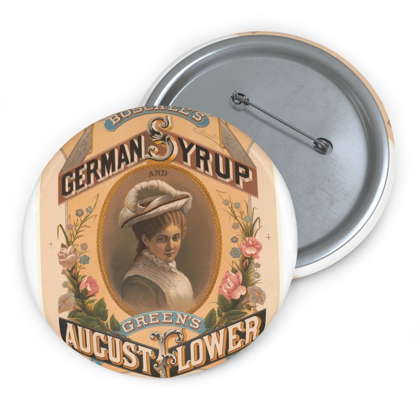 Boschee's German syrup and Green's August flowers Pin Buttons with Crisp Design