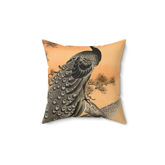 Koson - peacock-and-hen, Ohara Koson Decorative Accent Square Pillow