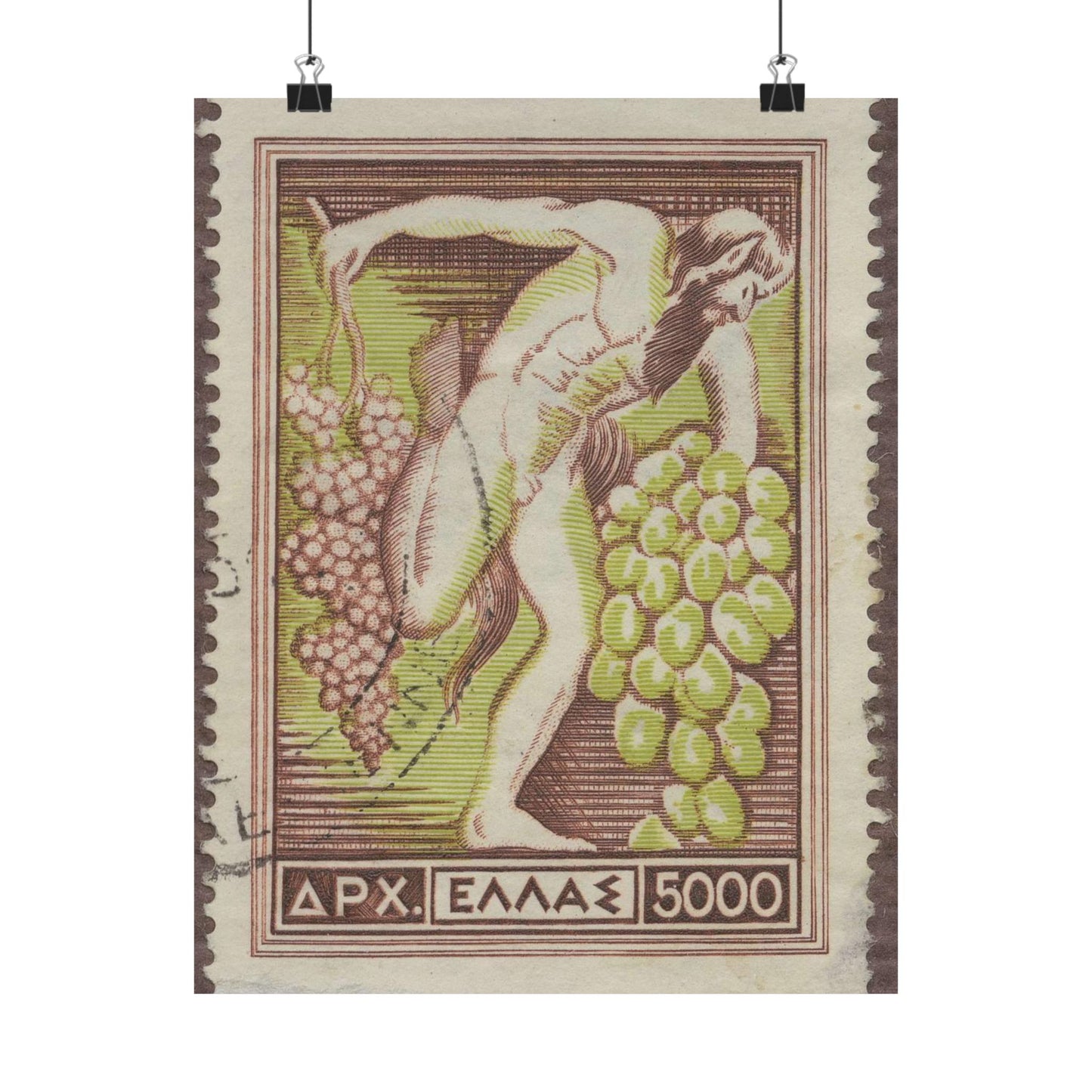 Frimärke ur Gösta Bodmans filatelistiska motivsamling, påbörjad 1950.Frimärke från Grekland, 1953. Motiv av Bacchus med vindruvsklasar. High Quality Matte Wall Art Poster for Home, Office, Classroom