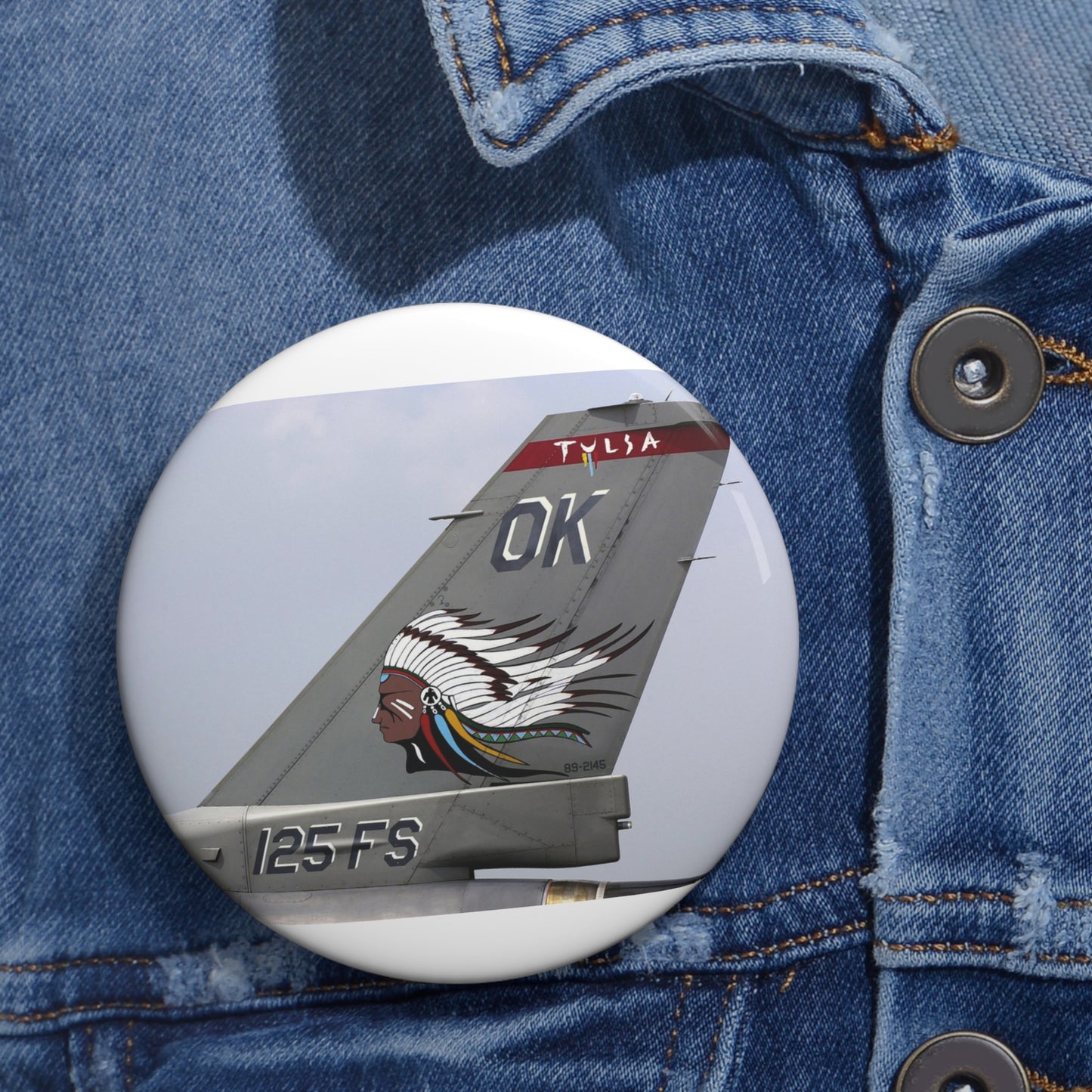 The tail flash of a F-16 Fighting Falcon aircraft from the 125th Fighter Squadron (FS), 138th Fighter Wing (FW), Oklahoma (OK), Air National Guard (ANG) Pin Buttons with Crisp Design