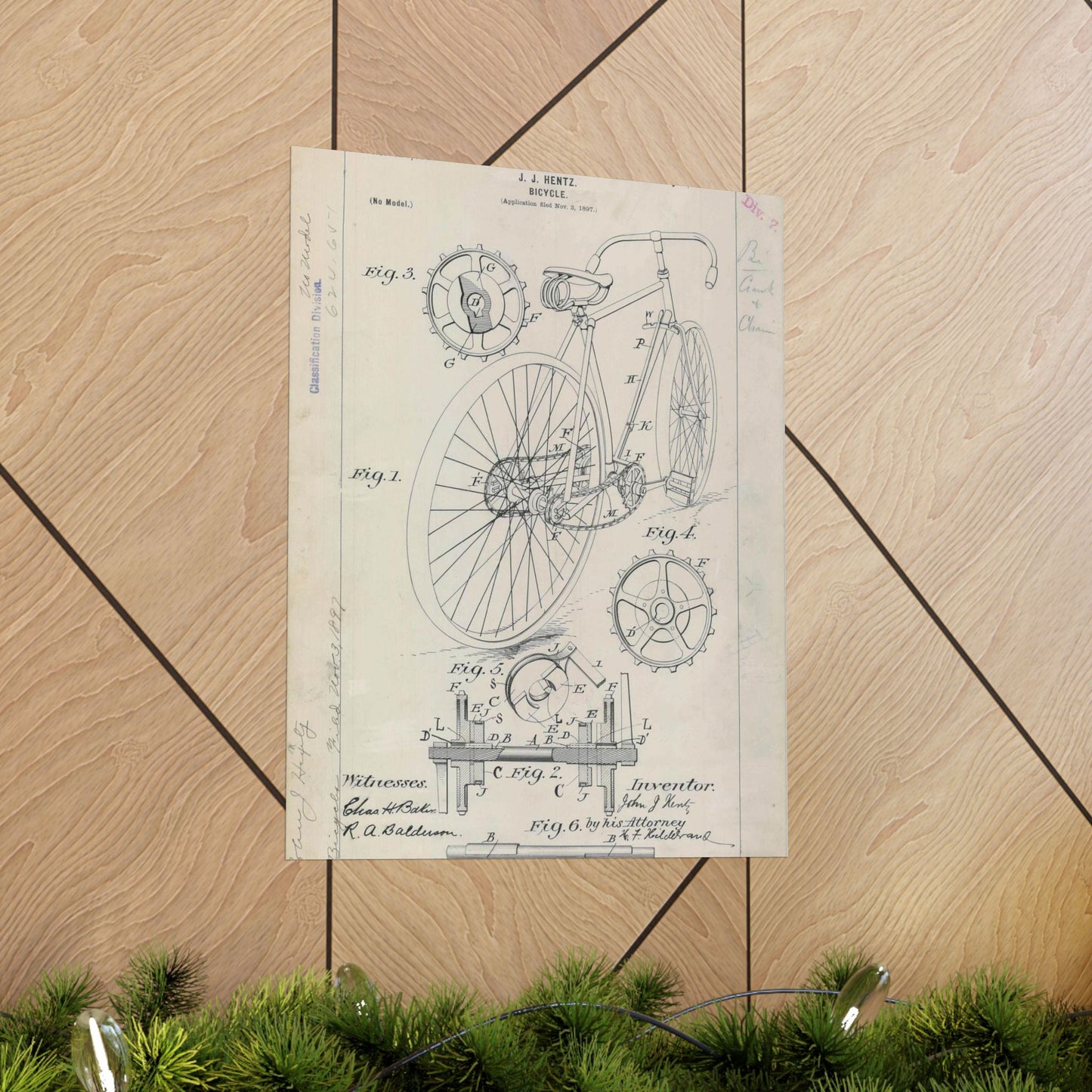 Patent drawing - for J. J. Hentz' Bicycle Public domain  image High Quality Matte Wall Art Poster for Home, Office, Classroom