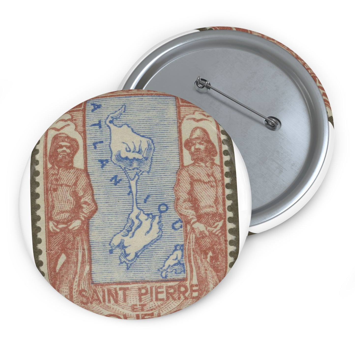 Frimärke ur Gösta Bodmans filatelistiska motivsamling, påbörjad 1950.Frimärke från Saint Pierre et Miquelon 1932. Motiv av karta över Saint Pierre et Miquelon. Fiskare med nät. Pin Buttons with Crisp Design