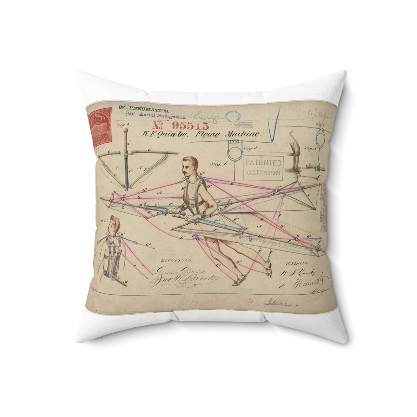 Patent drawing - for a Flying Machine Public domain  image Decorative Accent Square Pillow