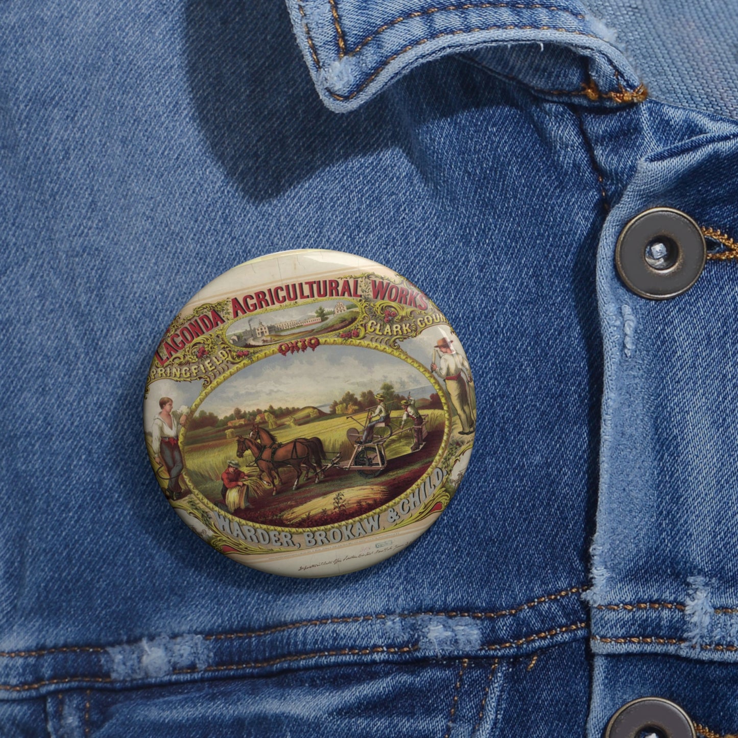 Lagonda Agricultural Works, Springfield, Clark County, Ohio, Warder, Brokaw & Child / E. Forbes, del. ; lith. of G.W. Lewis, N.Y. Pin Buttons with Crisp Design