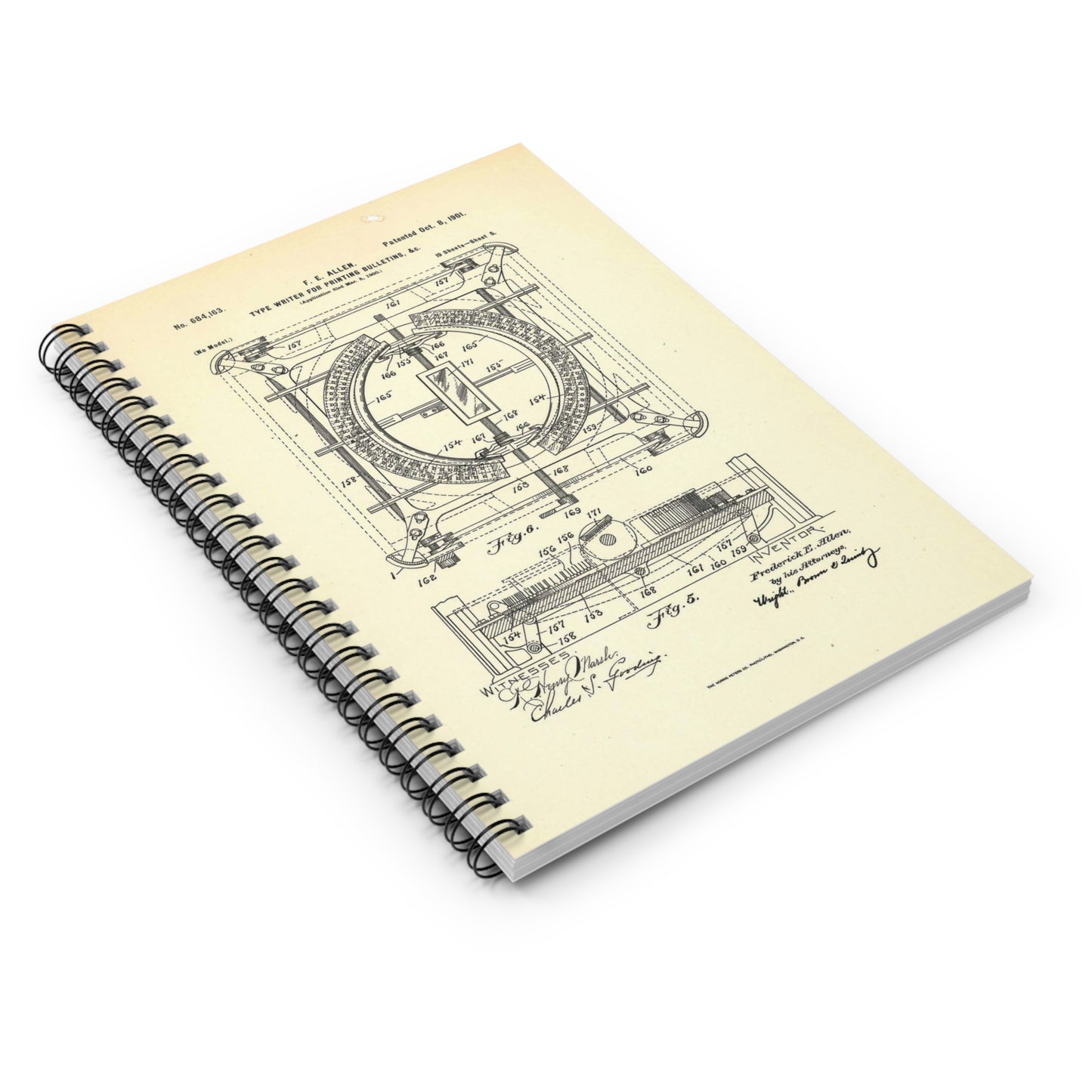 Patent Case File No. 684,163, Typewriter for Printing Bulletins, etc., Inventor- Frederick E. Allen - DPLA - 7c154e563ade85b5dee046e199b8667b (page 168) Spiral Bound Ruled Notebook with Printed Cover