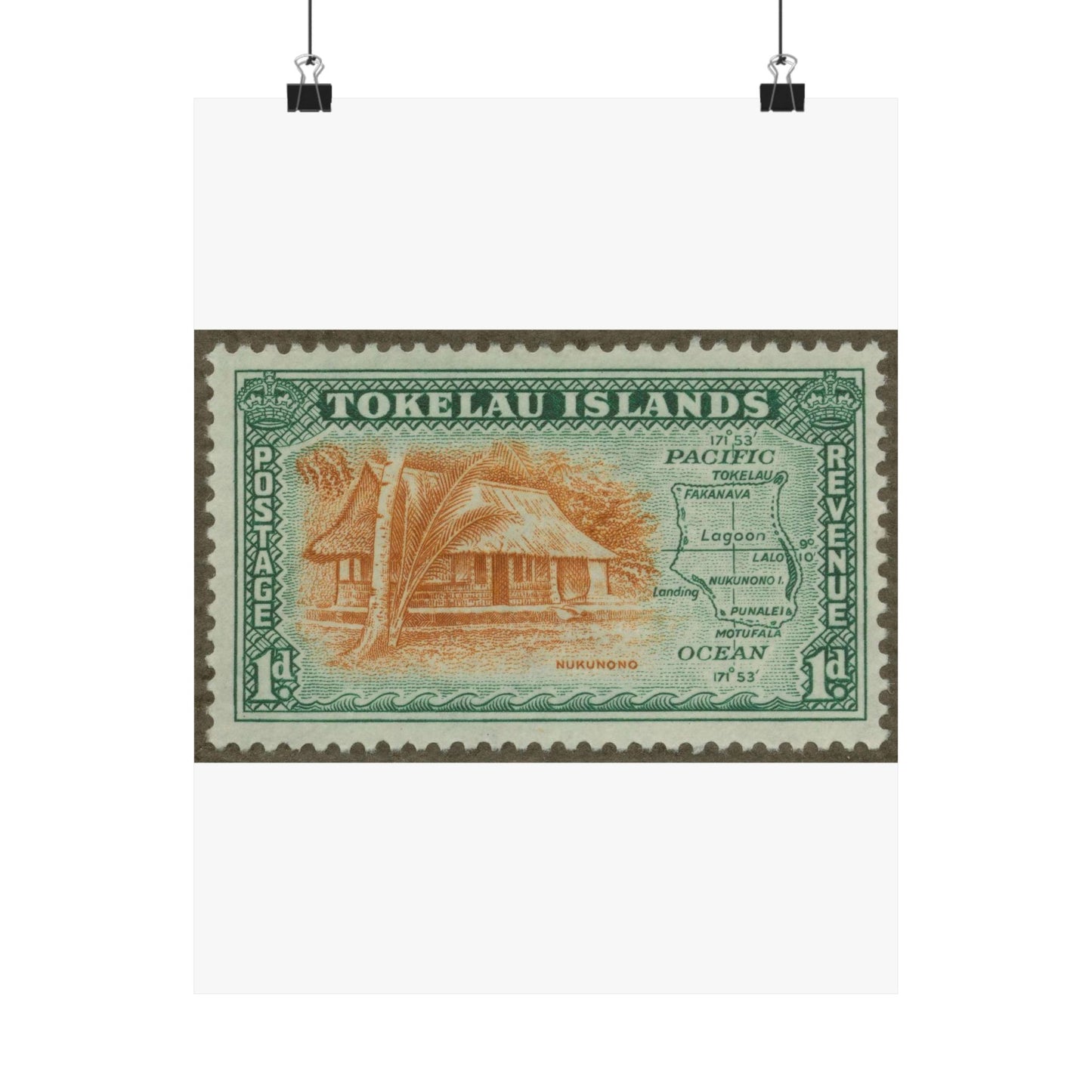 Frimärke ur Gösta Bodmans filatelistiska motivsamling, påbörjad 1950.Frimärke från  Tokelau-öarna, 1948. Motiv av hydda från ön Nokonono samt karta över Tokelau-öarna. High Quality Matte Wall Art Poster for Home, Office, Classroom