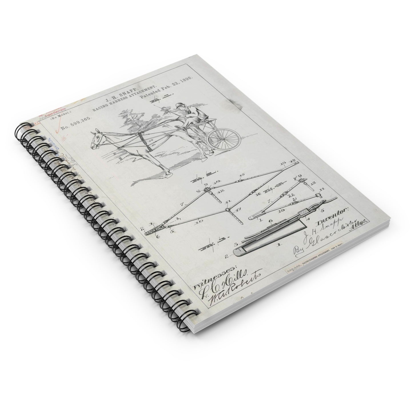 Patent drawing - for J. H. Snapp's Racing Harness Attachment Public domain  image Spiral Bound Ruled Notebook with Printed Cover