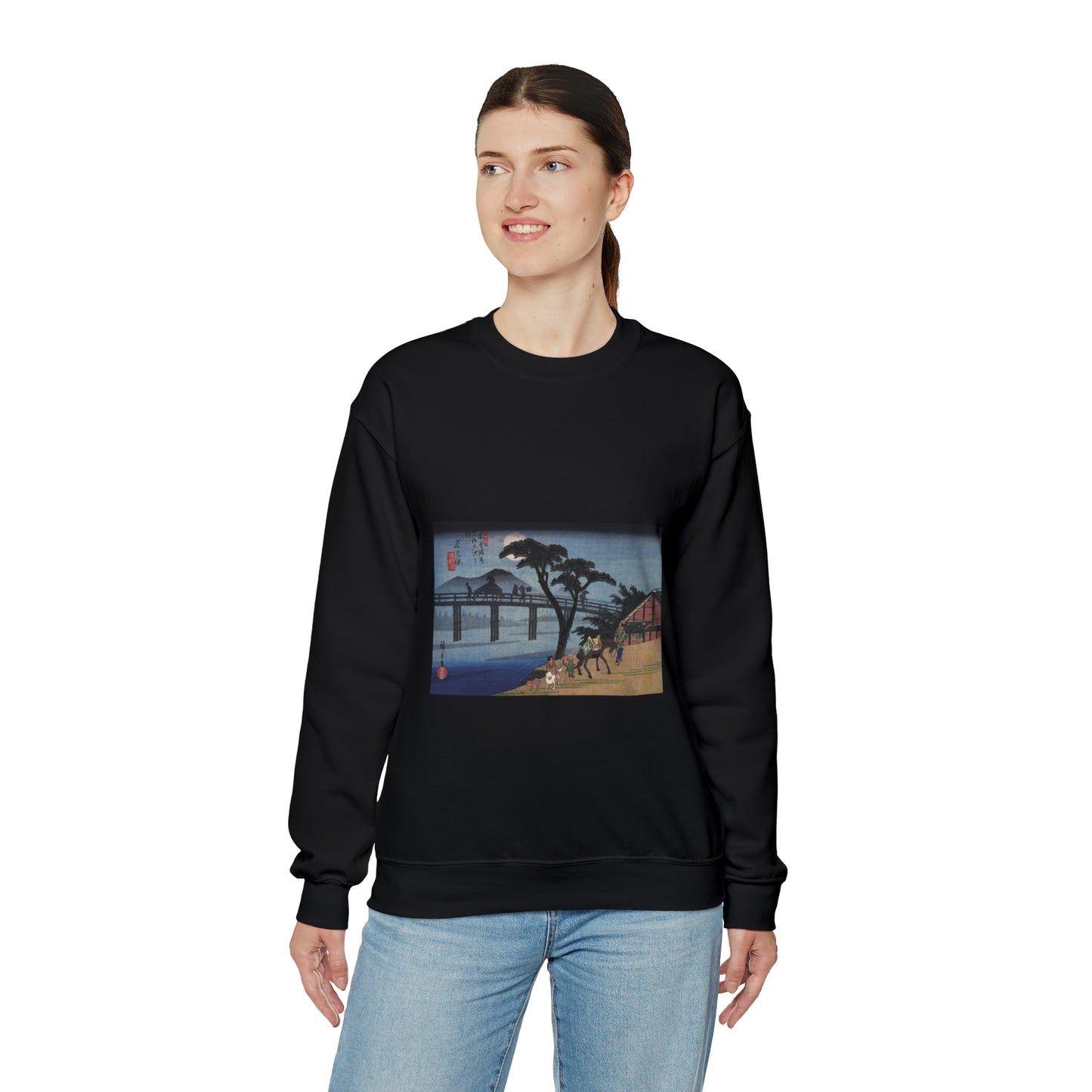 Hiroshige Man on horseback crossing a bridge Black Heavy Blend Adult Crew Neck SweatShirt