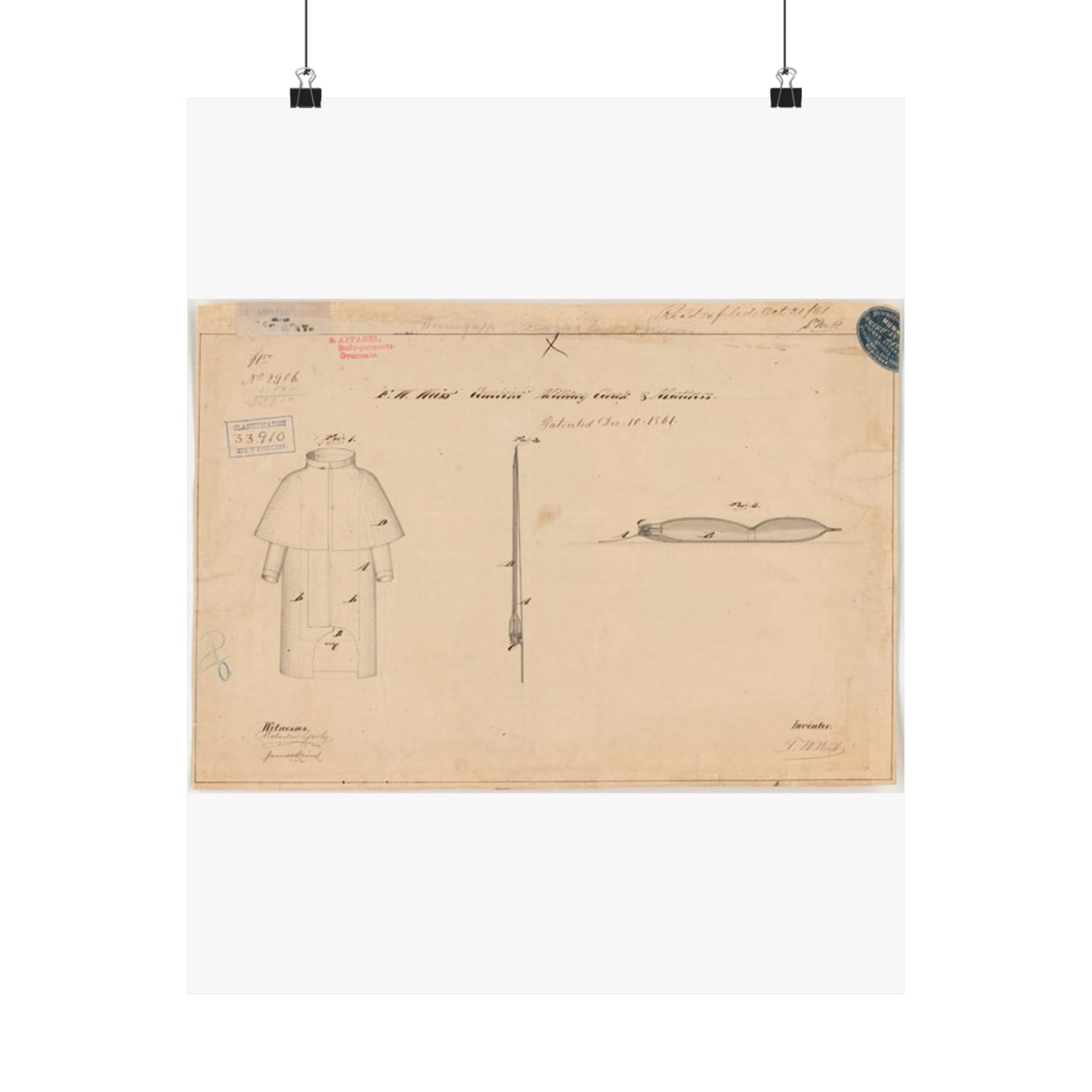 Patent drawing - Drawing of Combined Military Cloak and Mattress Public domain  image High Quality Matte Wall Art Poster for Home, Office, Classroom