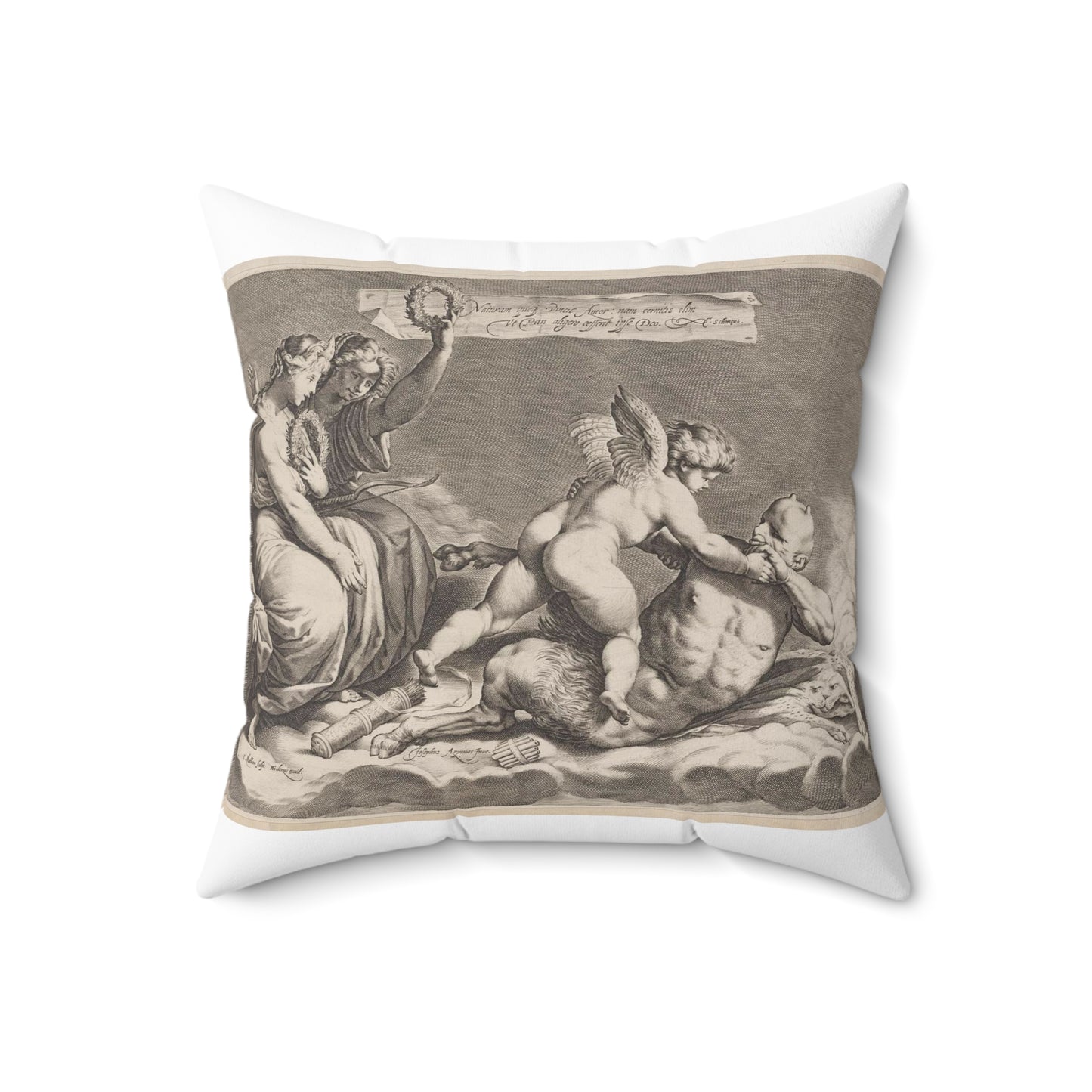 Cupid wrestling with Pan, amongst the clouds, with two allegorical women seated at left Decorative Accent Square Pillow