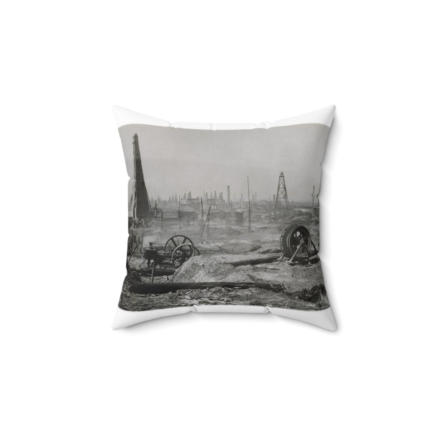 Baku. Oil production. - Drawing. Public domain image. Decorative Accent Square Pillow