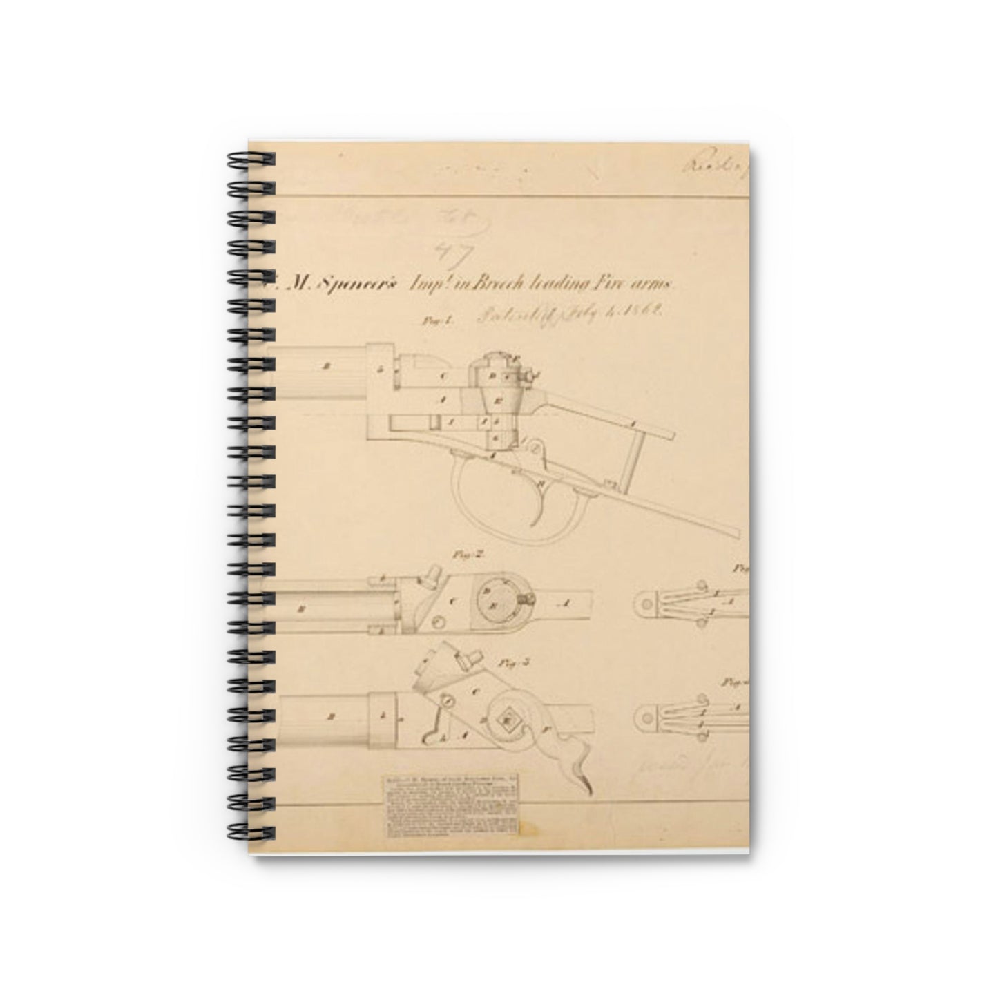 Patent Drawing of Engine - Drawing of Improvements in Breech Loading Fire Arms Public domain  image Spiral Bound Ruled Notebook with Printed Cover