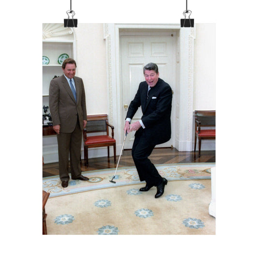 President Ronald Reagan Putting a Golf Ball with Raymond Floyd Looking on in the Oval Office High Quality Matte Wall Art Poster for Home, Office, Classroom