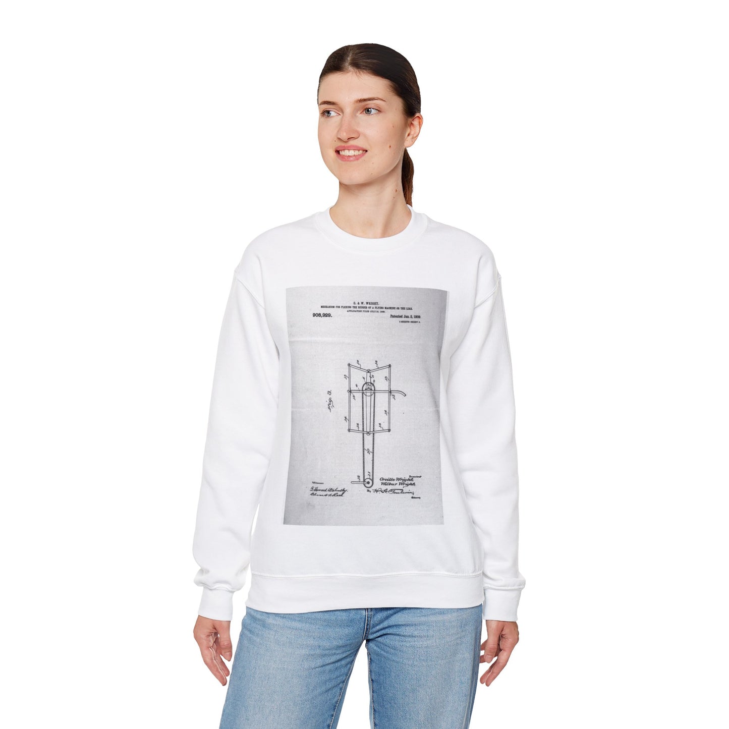 Patent drawing - Subject File:  Patents--By Wright Brothers--USA--filed 15 July 1908, patented 5 January 1909 Public domain  image White Heavy Blend Adult Crew Neck SweatShirt