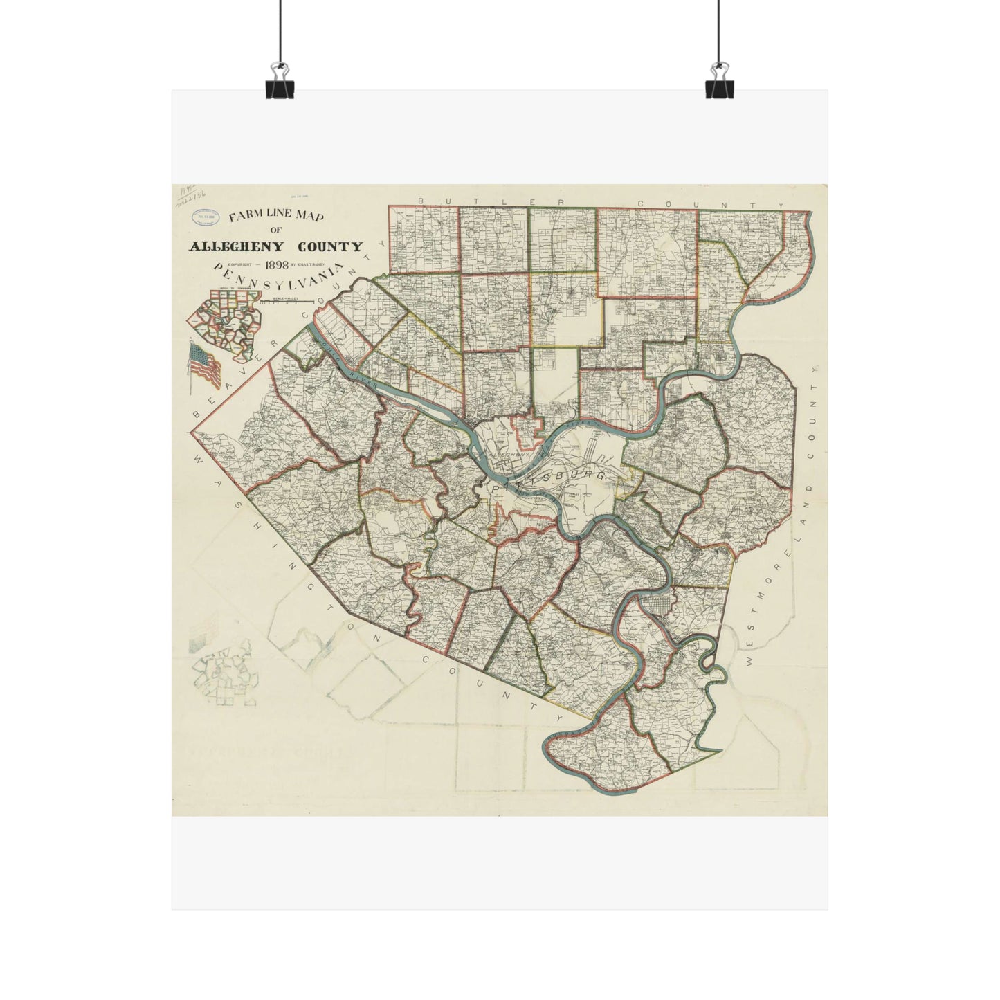 Farm line map of Allegheny County, Pennsylvania / High Quality Matte Wall Art Poster for Home, Office, Classroom