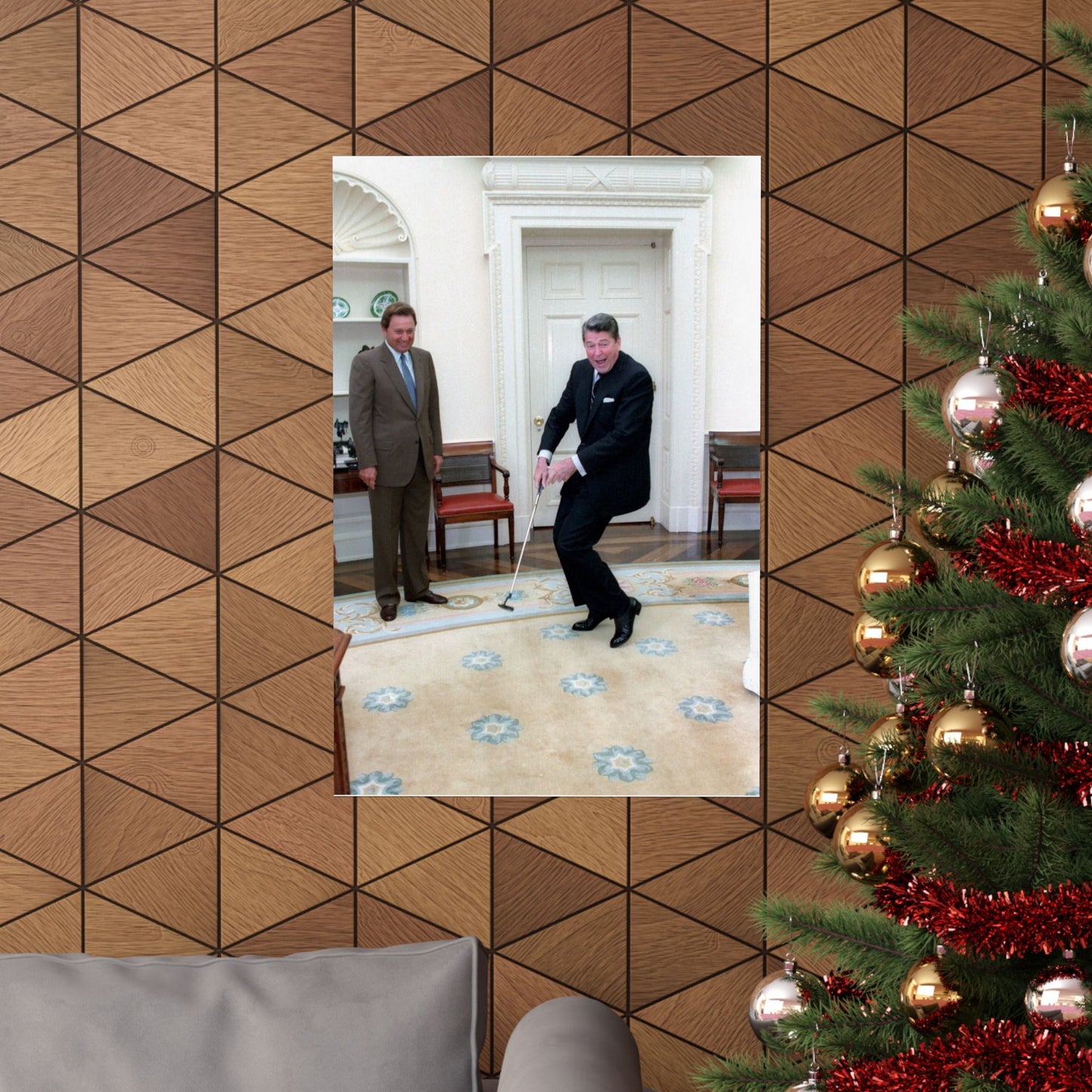 President Ronald Reagan Putting a Golf Ball with Raymond Floyd Looking on in the Oval Office High Quality Matte Wall Art Poster for Home, Office, Classroom