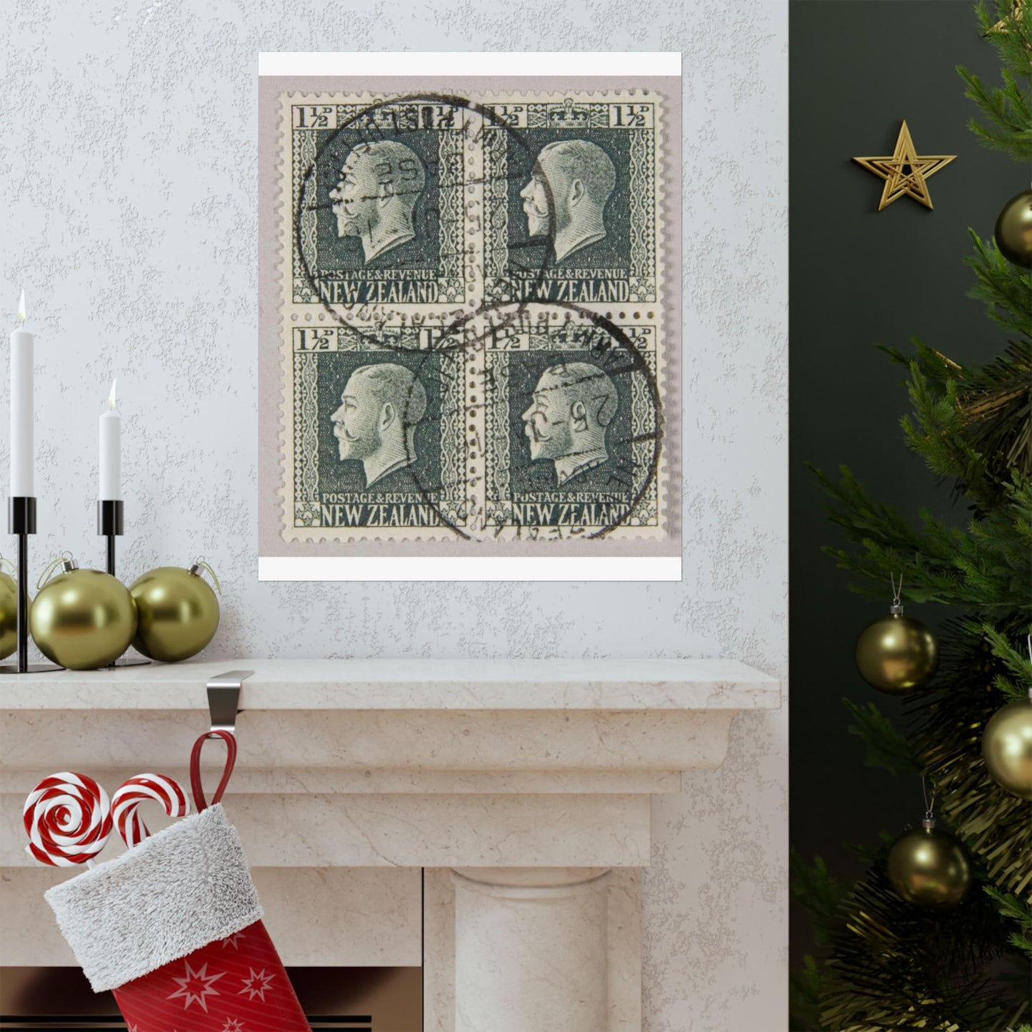 Block of one and a half penny 'King George V' definitive stamps in grey slate High Quality Matte Wall Art Poster for Home, Office, Classroom
