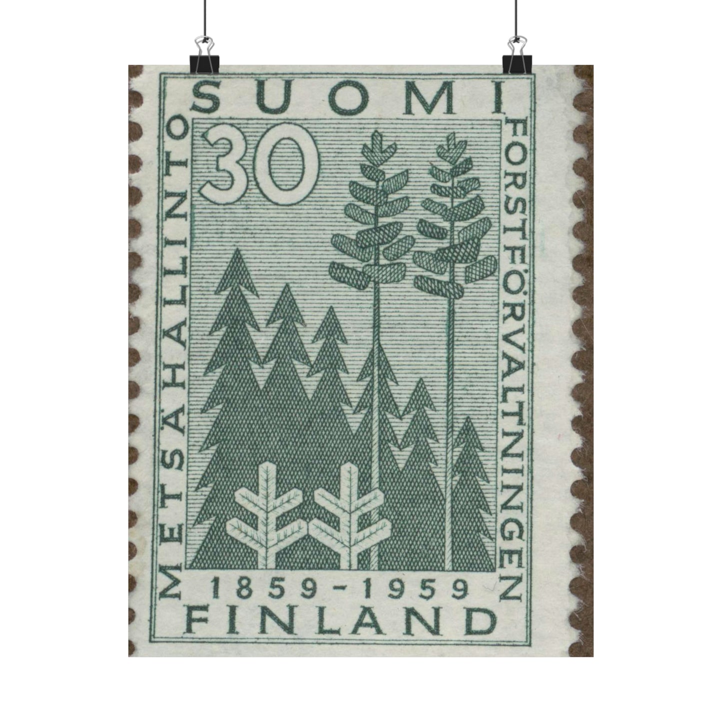 Frimärke ur Gösta Bodmans filatelistiska motivsamling, påbörjad 1950.Frimärke från Finland, 1959. Motiv av stiliserad gran och tall. "Forstförvaltningen 100 år: 1859-1959". High Quality Matte Wall Art Poster for Home, Office, Classroom