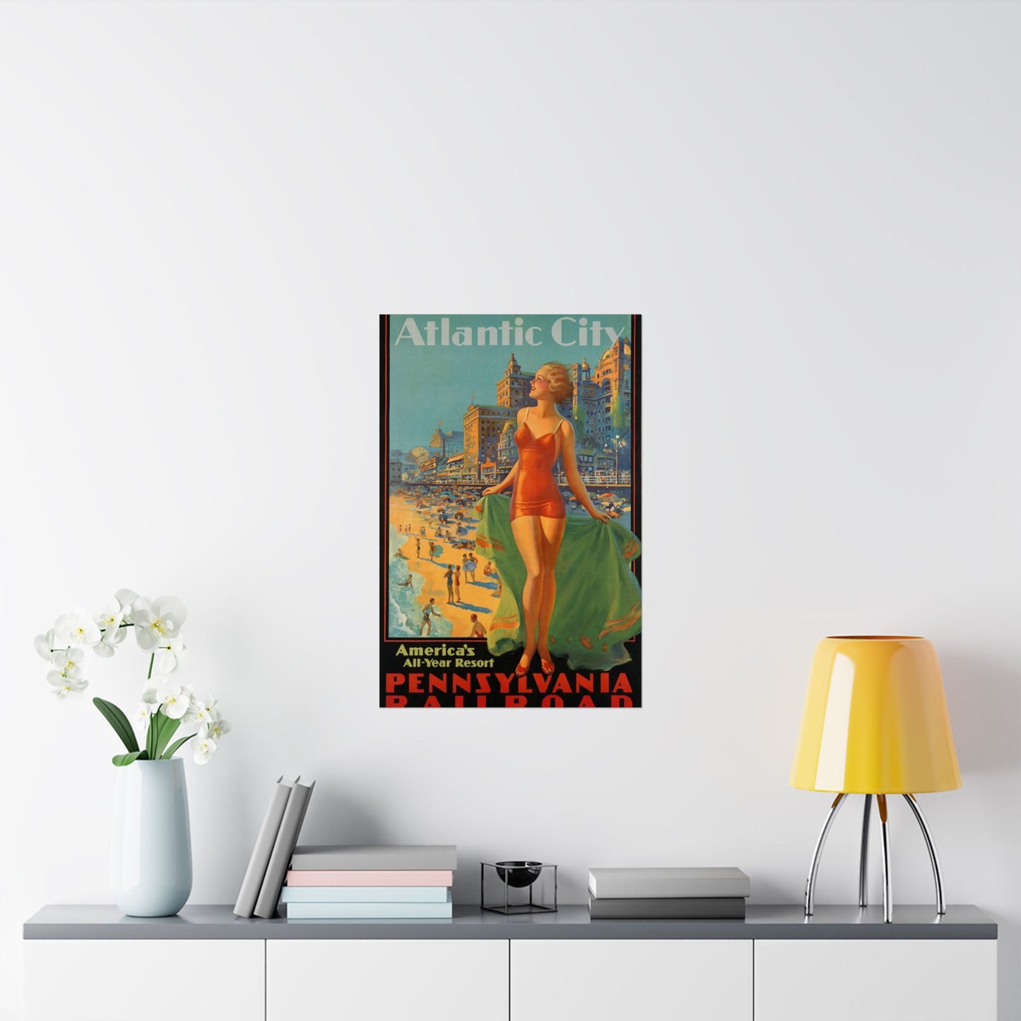 Atlantic City— America’s All-Year Resort, Pennsylvania Railroad, painting by Edward Mason Eggleston High Quality Matte Wall Art Poster for Home, Office, Classroom