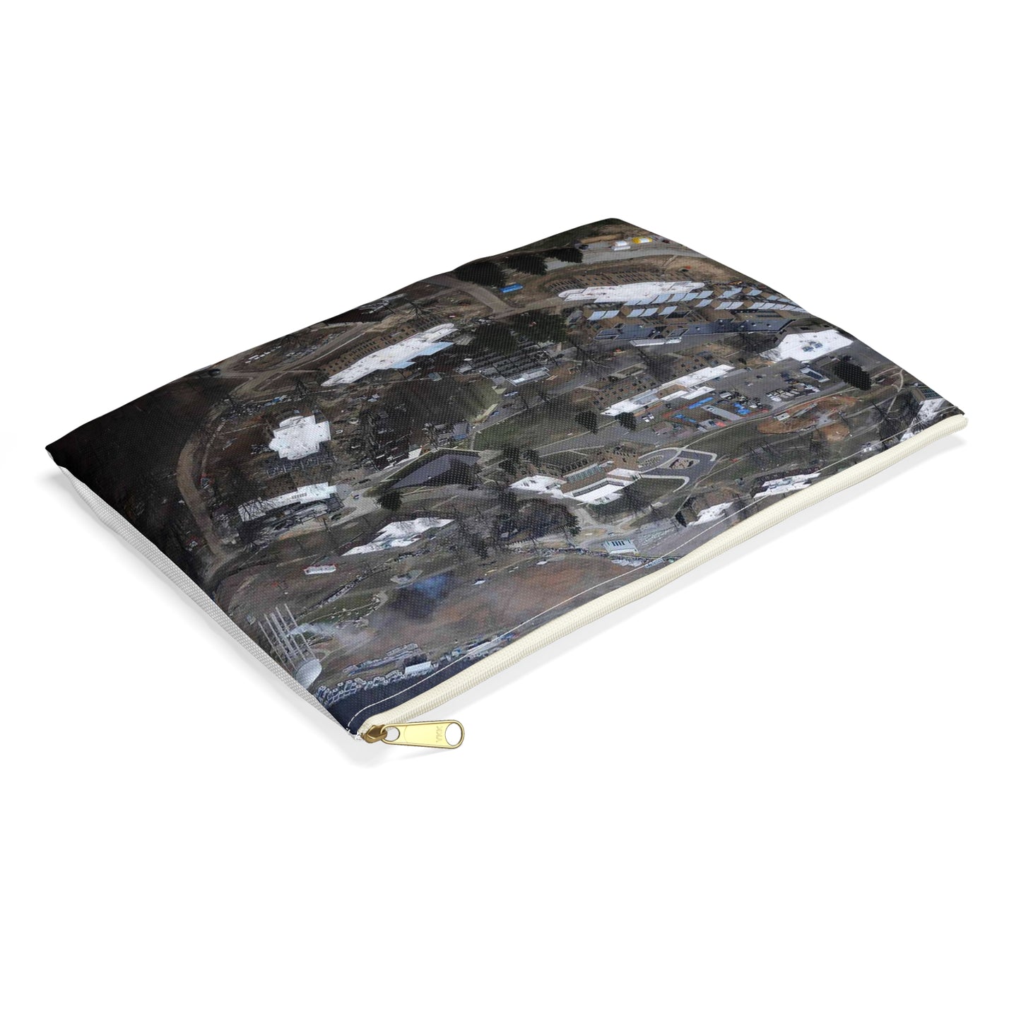An aerial view of the Muscatatuck Urban Training Center Large Organizer Pouch with Black Zipper