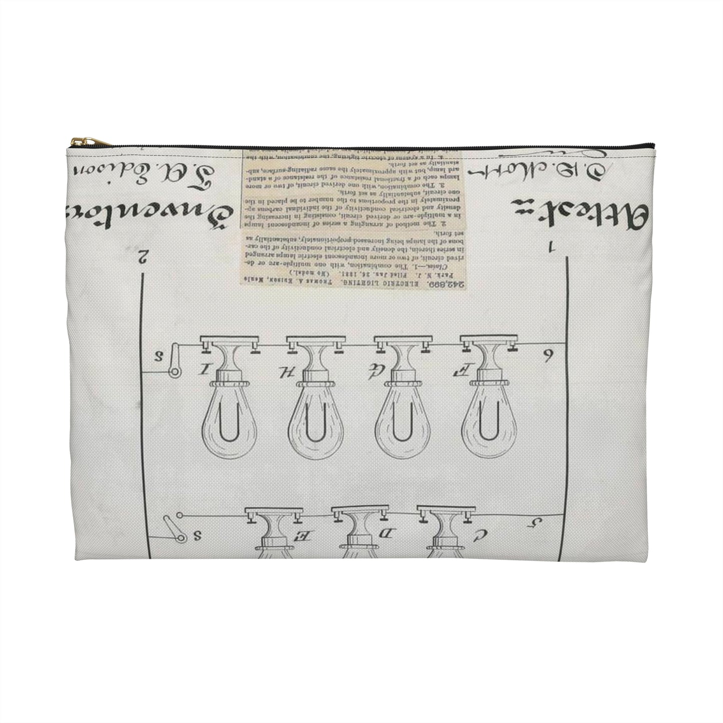 Patent drawing - for T. A. Edison's Electric Lighting Public domain  image Large Organizer Pouch with Black Zipper