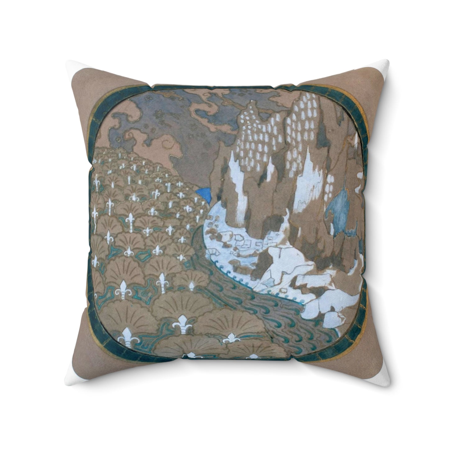 EliseuVisconti-A838-Paisagem rochosa estilizada – Email cloisonné – Estudo para Marchetaria Decorative Accent Square Pillow