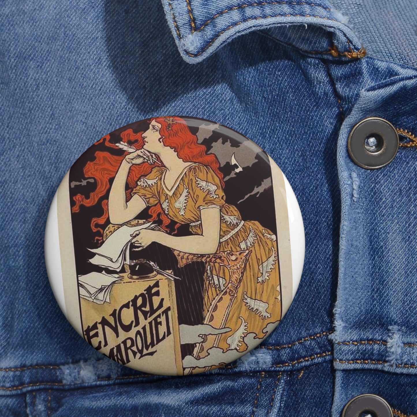 Affiche pour l' "Encre Marquet". Pin Buttons with Crisp Design