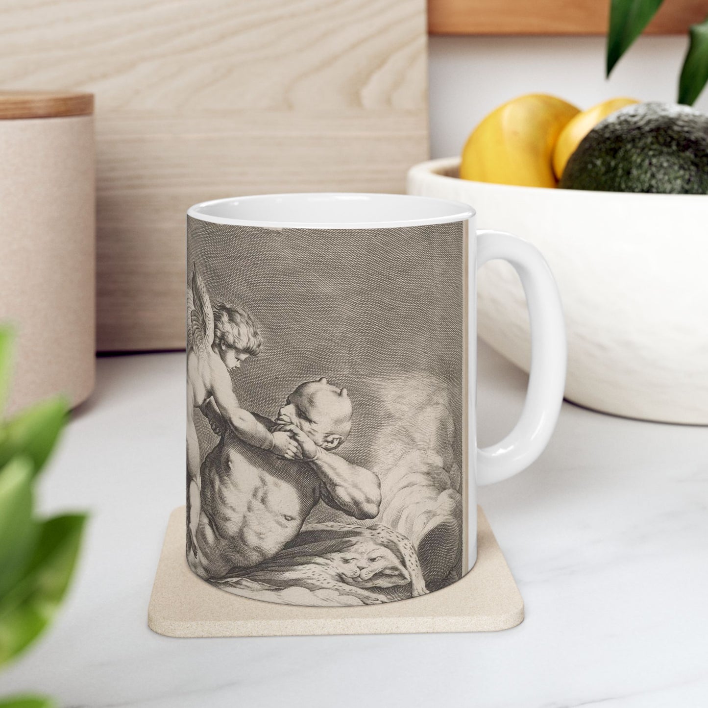 Cupid wrestling with Pan, amongst the clouds, with two allegorical women seated at left Beautiful Novelty Ceramic Coffee Mug 11oz