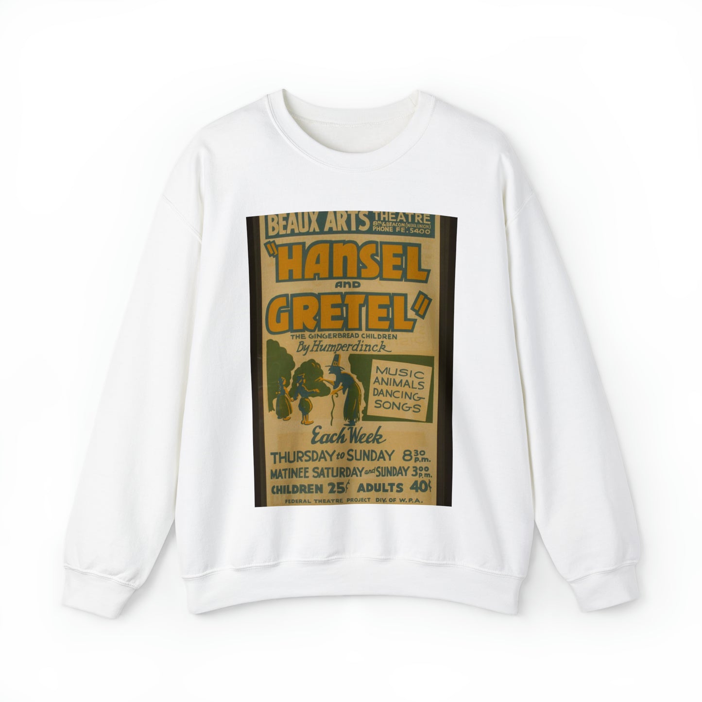 "Hansel and Gretel," the gingerbread children by Humperdinck Music, animals, dancing, songs. White Heavy Blend Adult Crew Neck SweatShirt