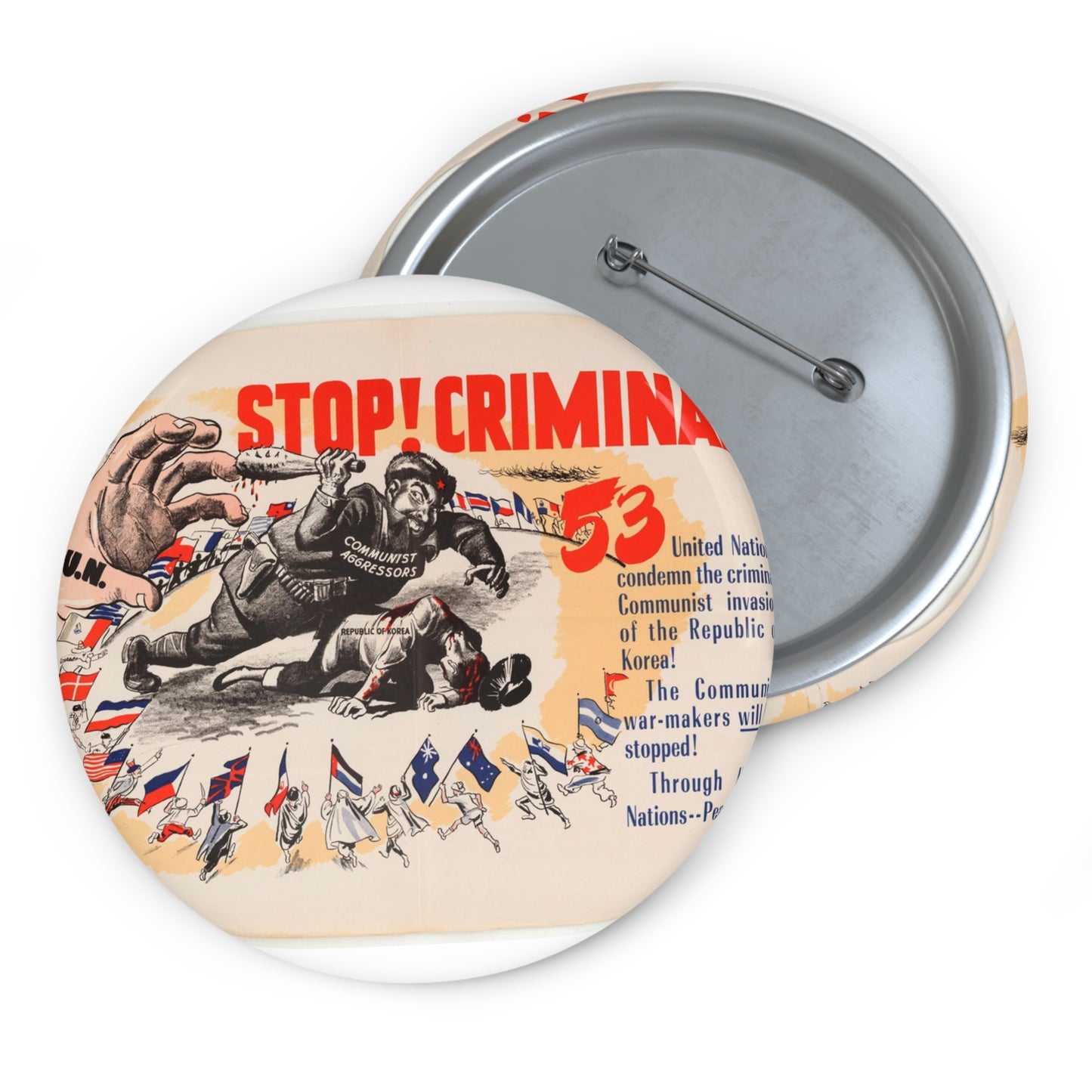 Stop Criminal!, Cold War American Propaganda poster Pin Buttons with Crisp Design
