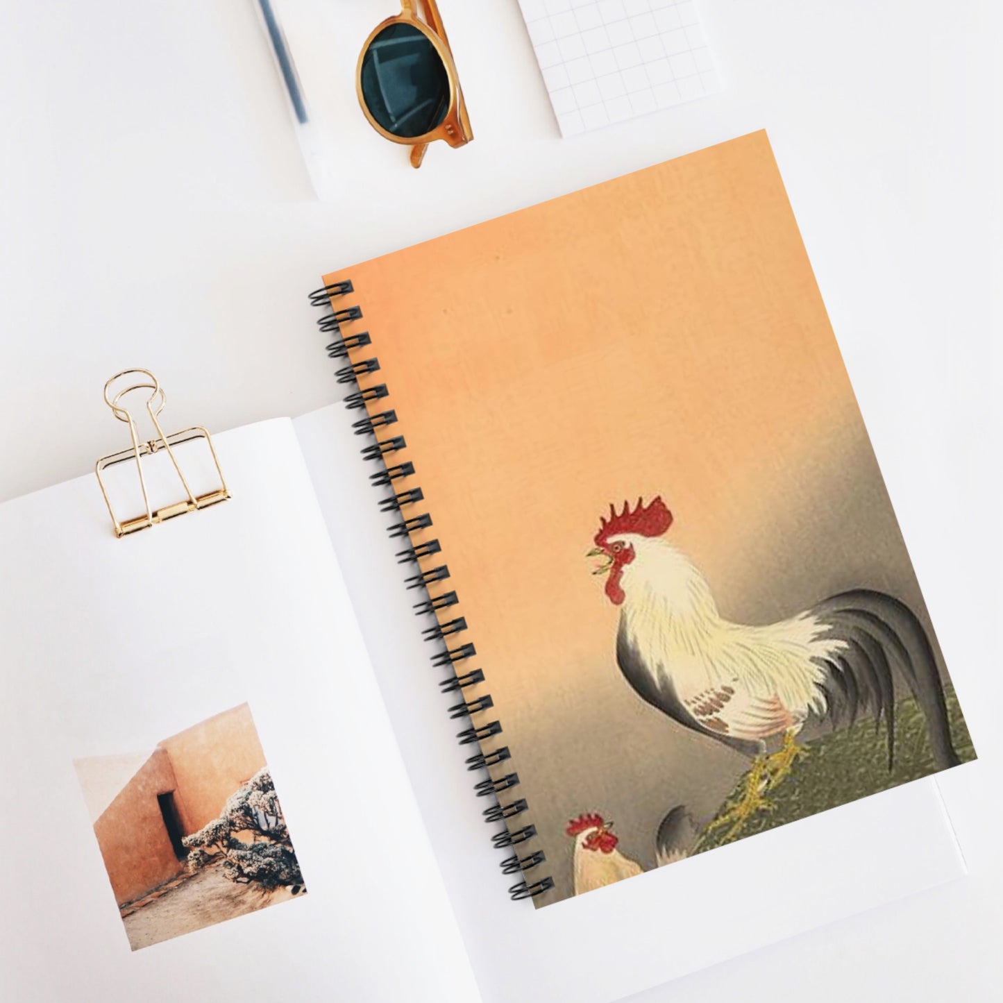 Koson - rooster-and-hen-at-sunrise, Ohara Koson Spiral Bound Ruled Notebook with Printed Cover