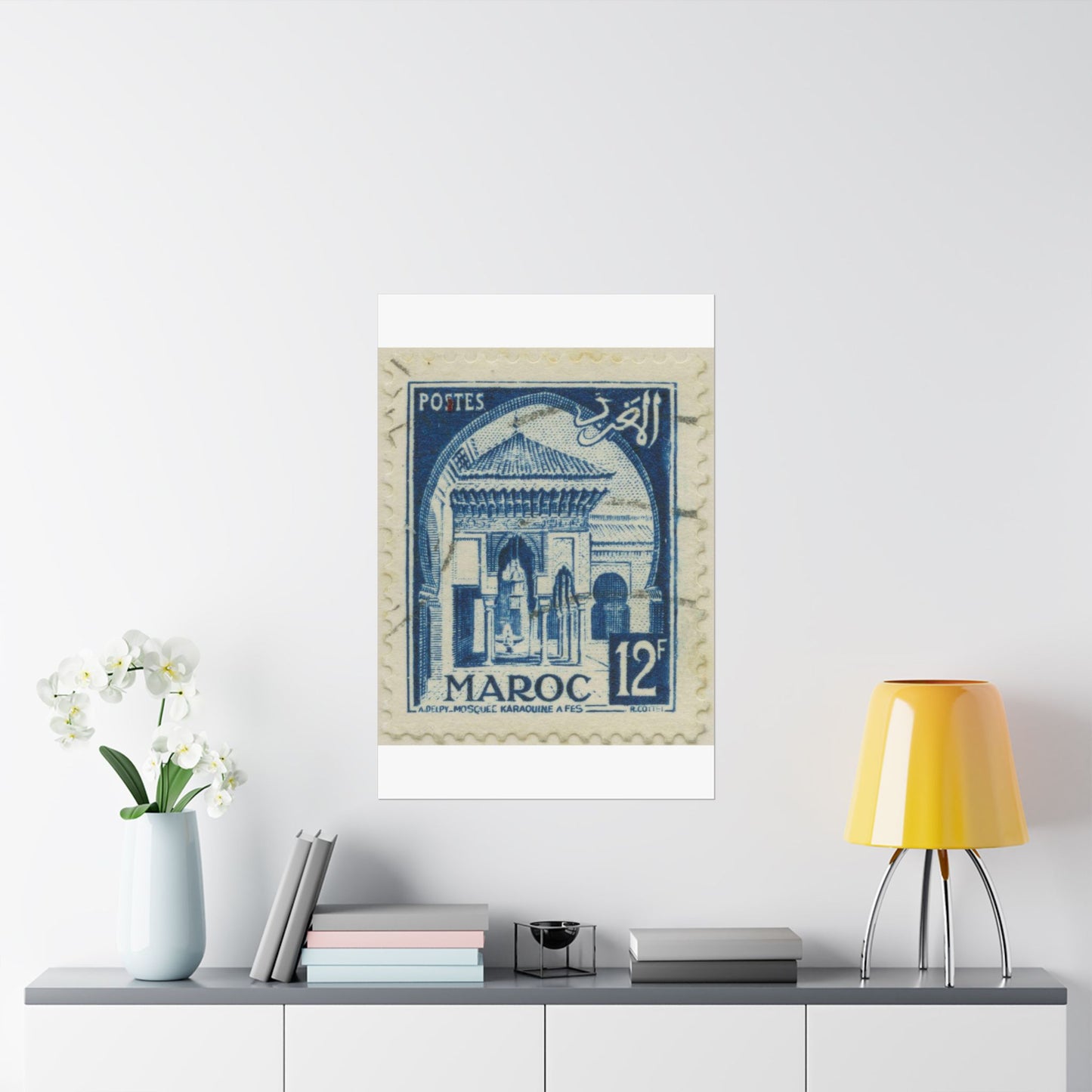Frimärke ur Gösta Bodmans filatelistiska motivsamling, påbörjad 1950.Frimärke från Franska Marocko, 1951. Motiv av moskéen Karaouin. High Quality Matte Wall Art Poster for Home, Office, Classroom