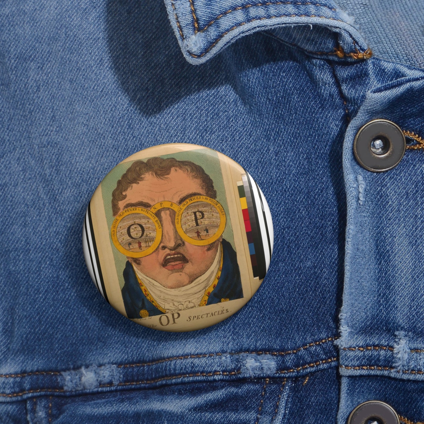 The OP spectacles / Cruikshank del., British Cartoon Print Pin Buttons with Crisp Design