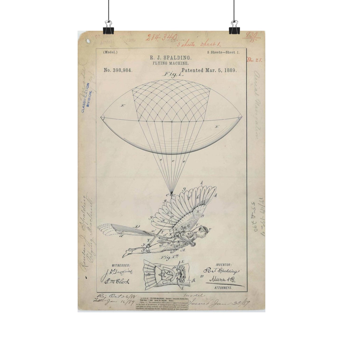 Patent drawing - for R. J. Spalding's Flying Machine Public domain  image High Quality Matte Wall Art Poster for Home, Office, Classroom