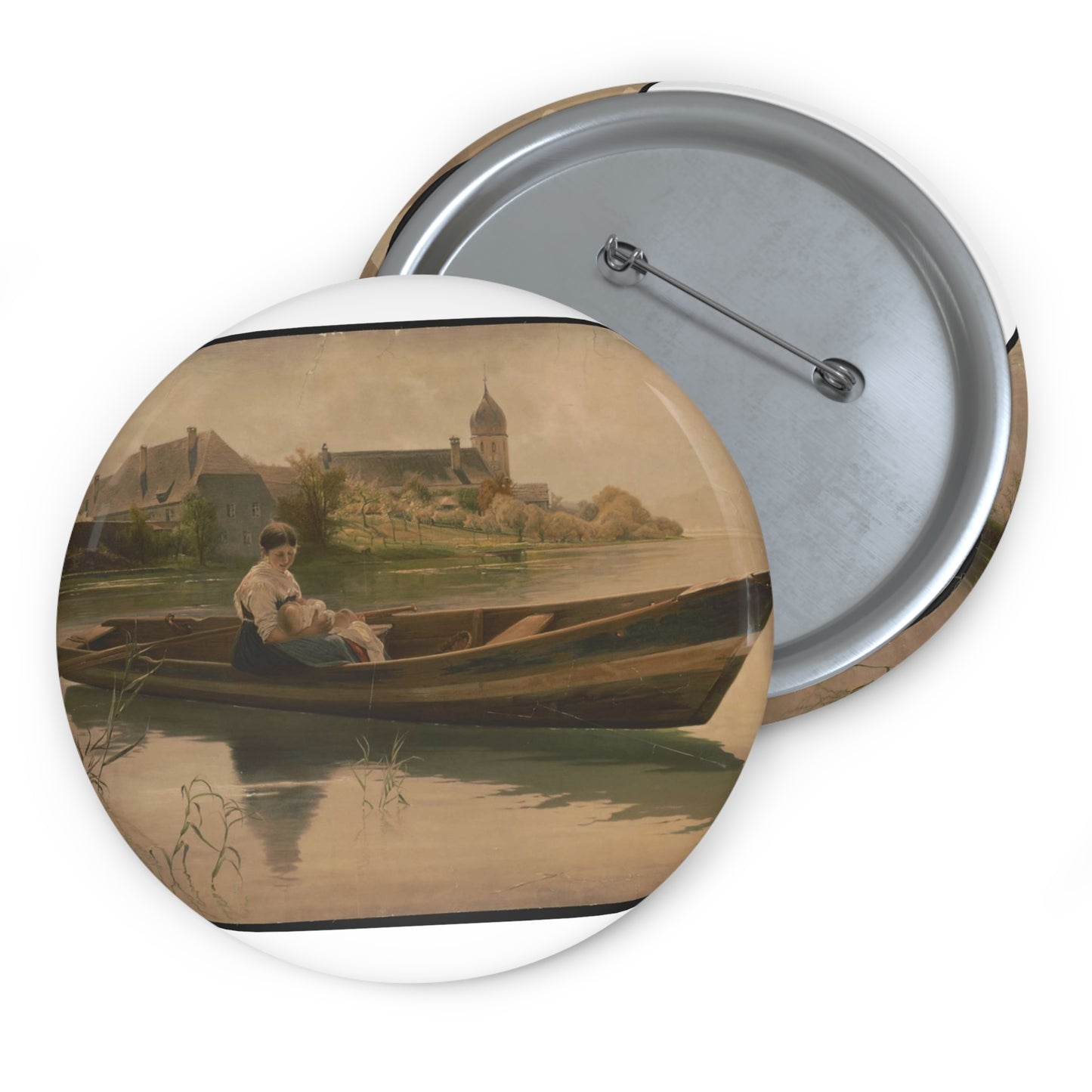 Woman holding infant in rowboat Pin Buttons with Crisp Design