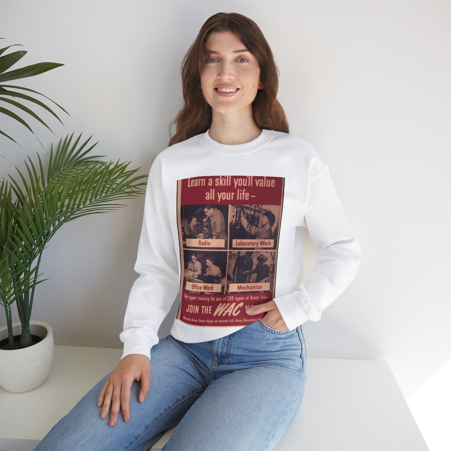 "Learn a skill you'll value all your life. Join the WAC now" - NARA - 514845 White Heavy Blend Adult Crew Neck SweatShirt