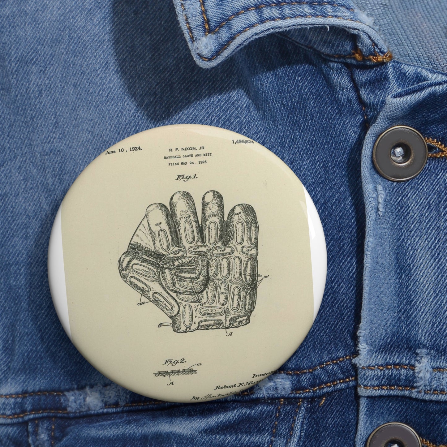 Patent Case File No. 1,496,824, Baseball Gloves and Mitts, Inventor Robert F. Nixon, Jr. - DPLA - c877ba1bb6a83b8db9b12cd02a036de7 (page 12) Pin Buttons with Crisp Design