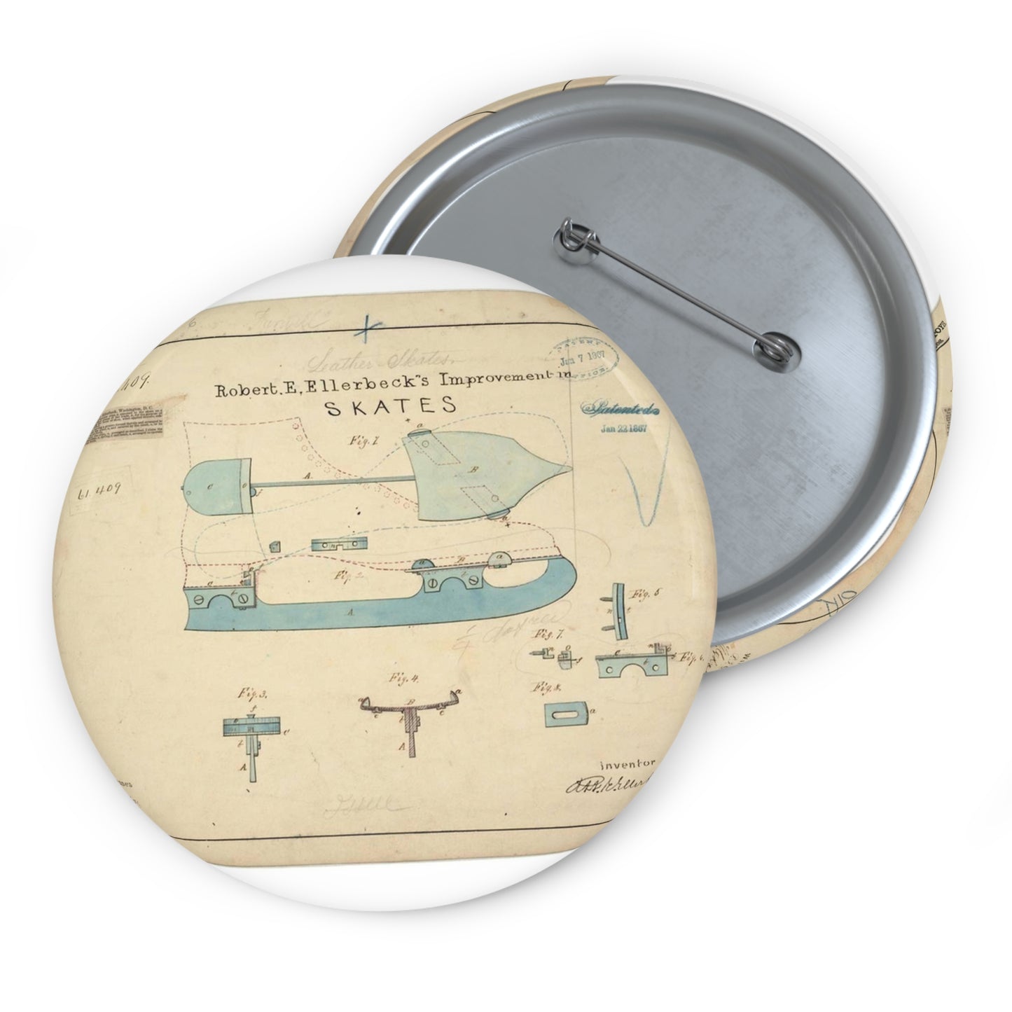 Patent drawing - Drawing of Improvement in Skates Public domain  image Pin Buttons with Crisp Design