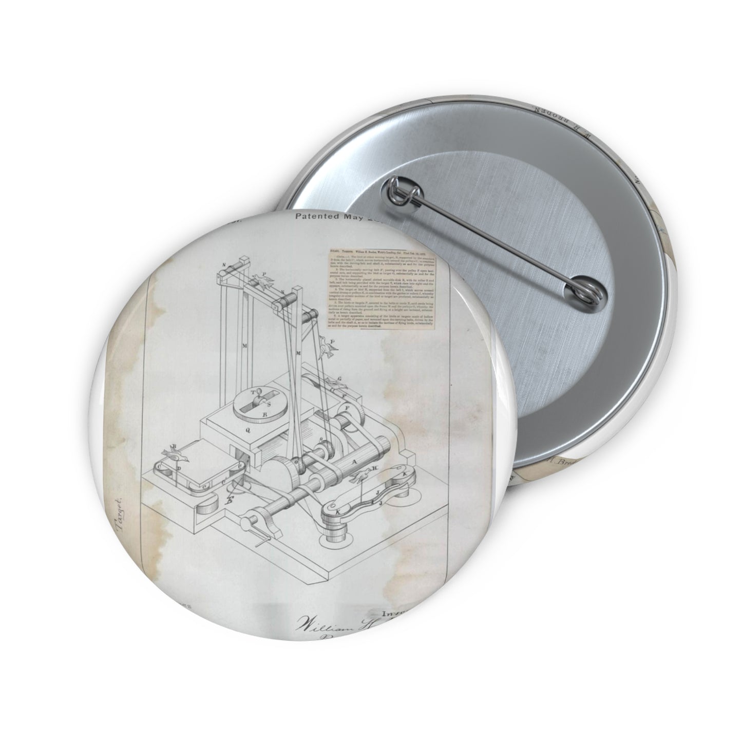 Patent drawing - for W. H. Broden's Target Public domain  image Pin Buttons with Crisp Design