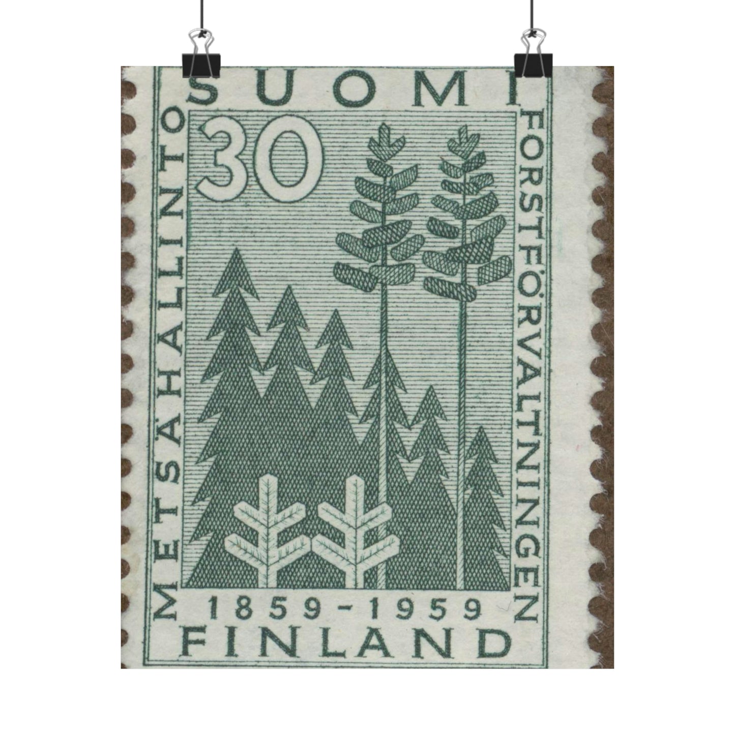 Frimärke ur Gösta Bodmans filatelistiska motivsamling, påbörjad 1950.Frimärke från Finland, 1959. Motiv av stiliserad gran och tall. "Forstförvaltningen 100 år: 1859-1959". High Quality Matte Wall Art Poster for Home, Office, Classroom