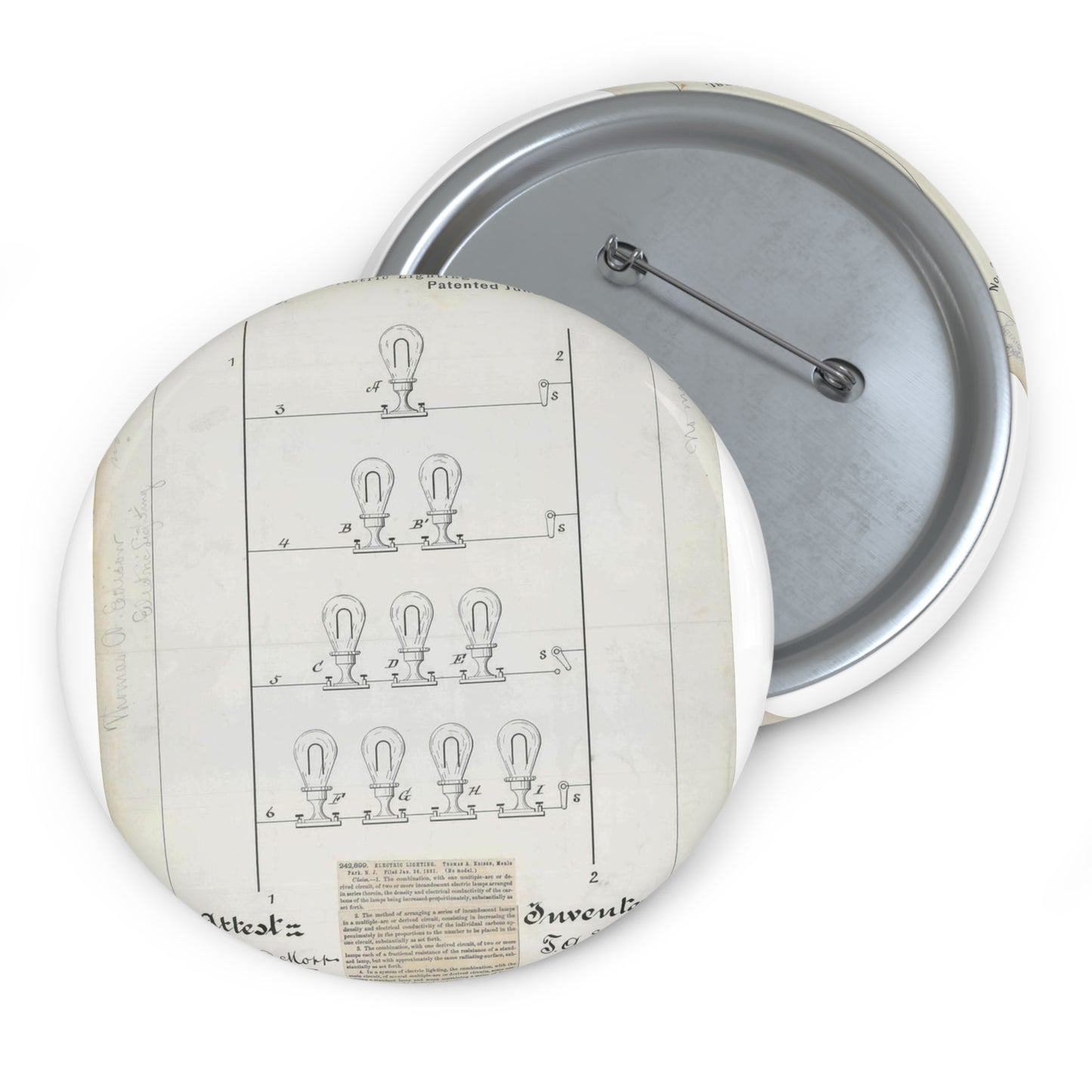 Patent drawing - for T. A. Edison's Electric Lighting Public domain  image Pin Buttons with Crisp Design