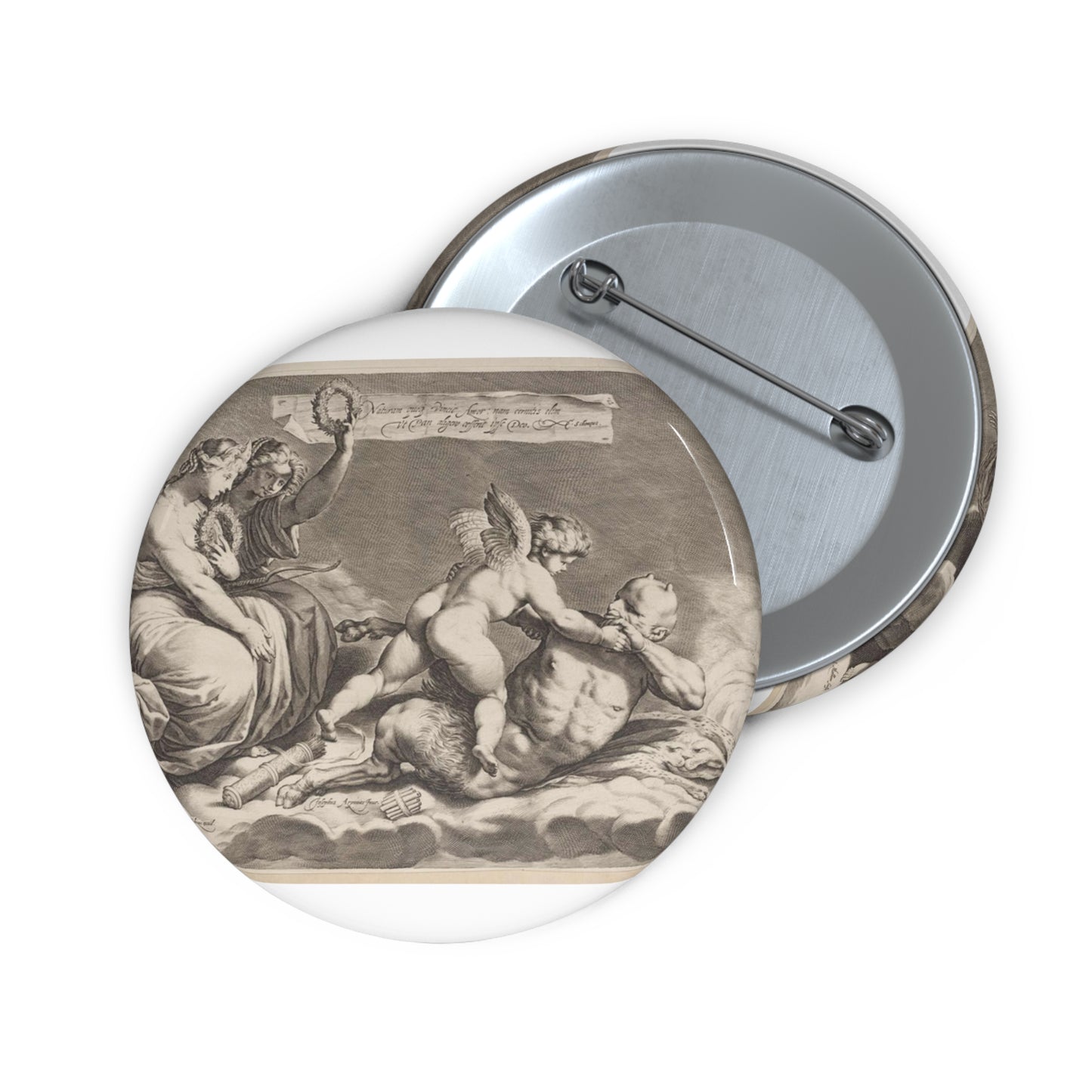 Cupid wrestling with Pan, amongst the clouds, with two allegorical women seated at left Pin Buttons with Crisp Design