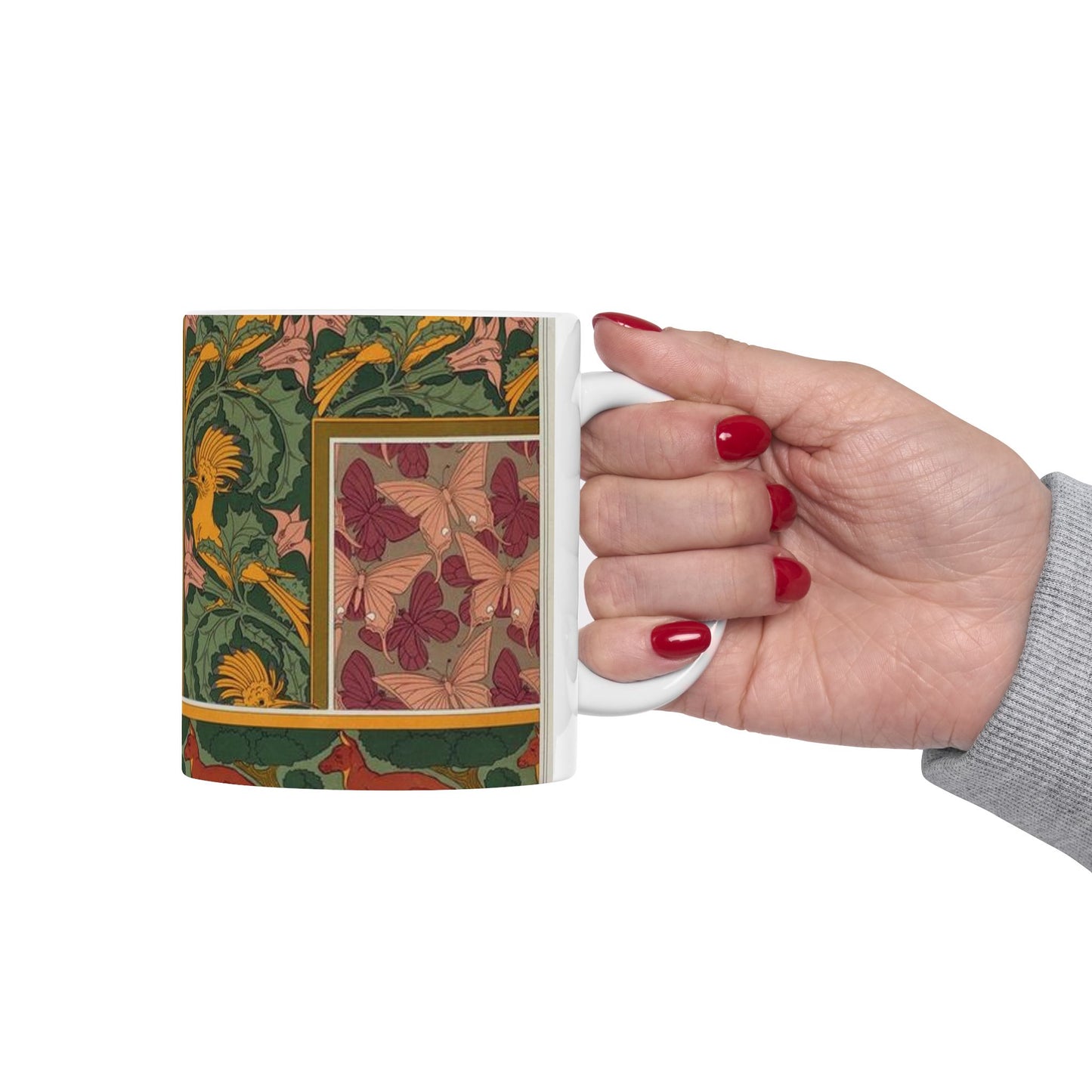 Huppes et stramoine, bordure. Papillons, étoffe de soie. Kangourou et arbres, bordure. Beautiful Novelty Ceramic Coffee Mug 11oz