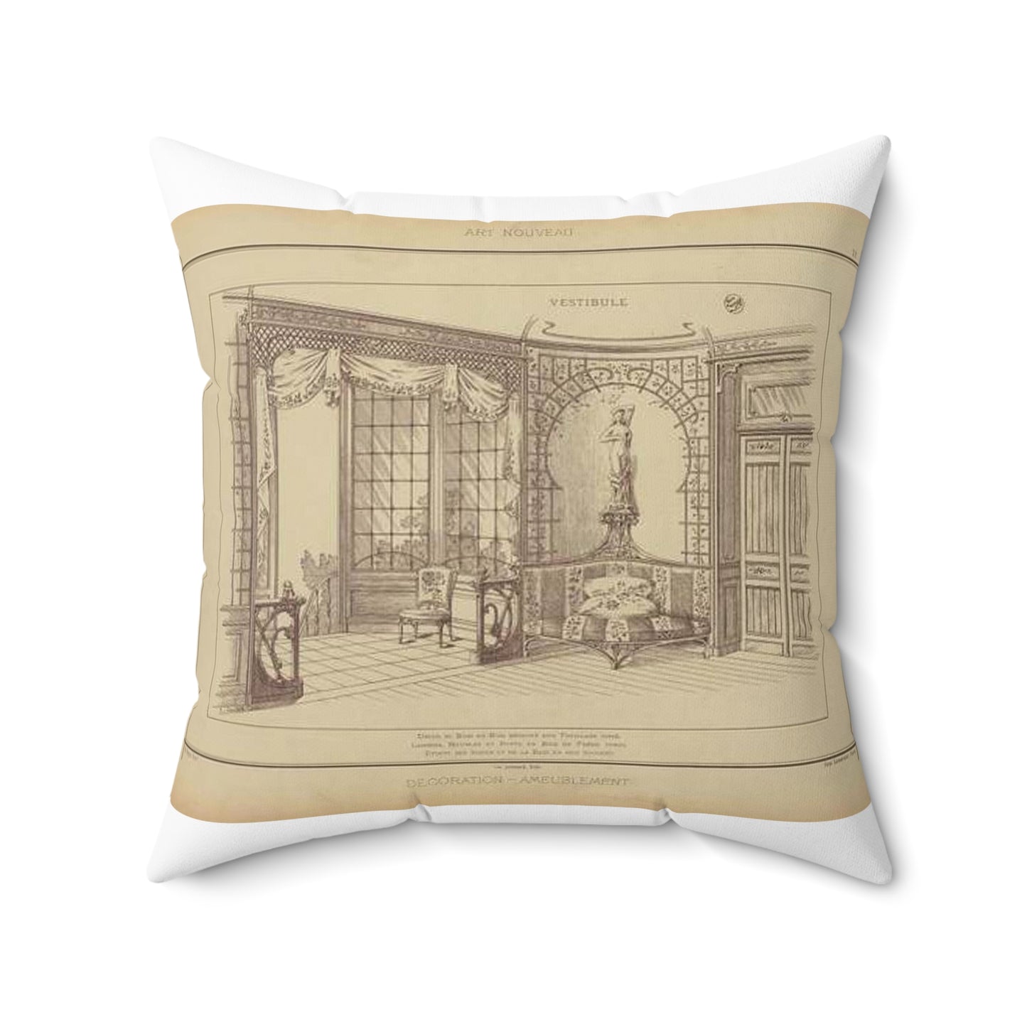 Vestibule : décor de baie en bois découpé sur treillage doré. Lambris, meubles et porte en bois de frêne verni. Etoffe des sièges et de la baie en soie brochée. Decorative Accent Square Pillow